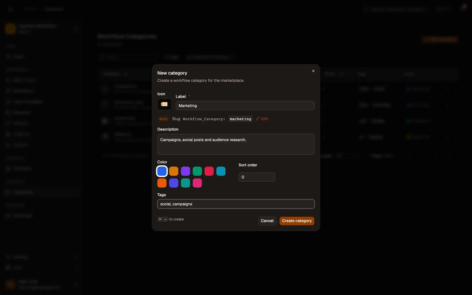 Admin panel, Categories, with the New category dialog open: an Icon button, the Label field filled with Marketing, the slug filled in automatically with an Edit link, a Description, Color and Sort order, a Tags field, and the Cancel and Create category buttons.