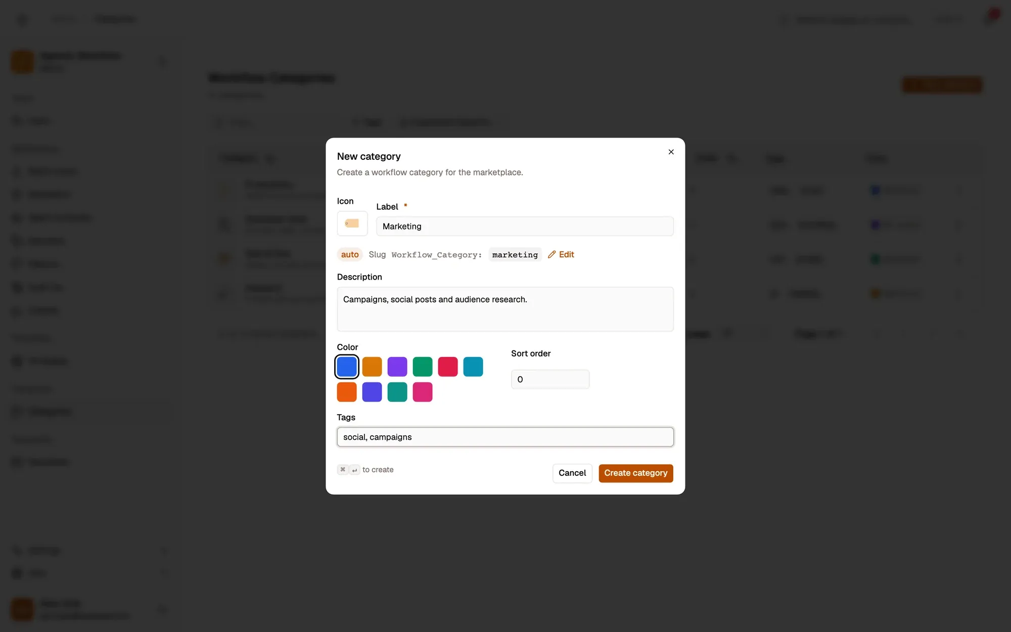 Admin panel, Categories, with the New category dialog open: an Icon button, the Label field filled with Marketing, the slug filled in automatically with an Edit link, a Description, Color and Sort order, a Tags field, and the Cancel and Create category buttons.