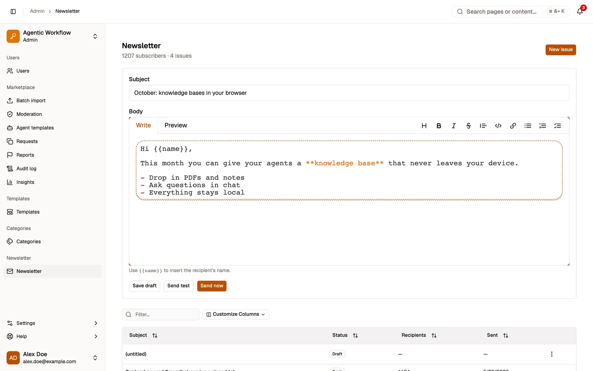Admin panel, Newsletter, with a new draft open: the Subject field, the Markdown Body editor starting with Hi {{name}}, the hint to use {{name}} for the recipient's name, and the Save draft, Send test and Send now buttons.