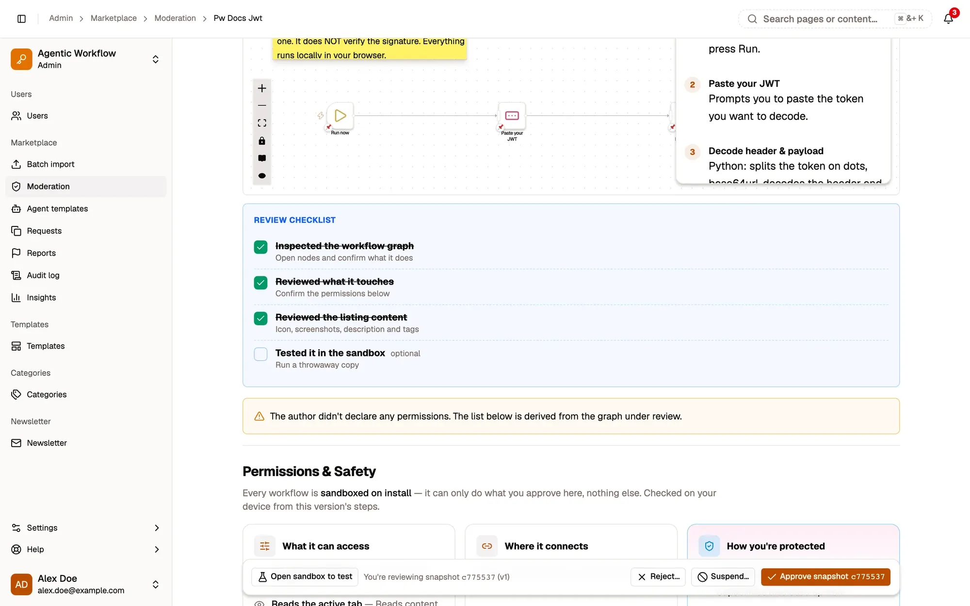 Step 2, close-up of the app: Read-only graph of the version under review, outlined.