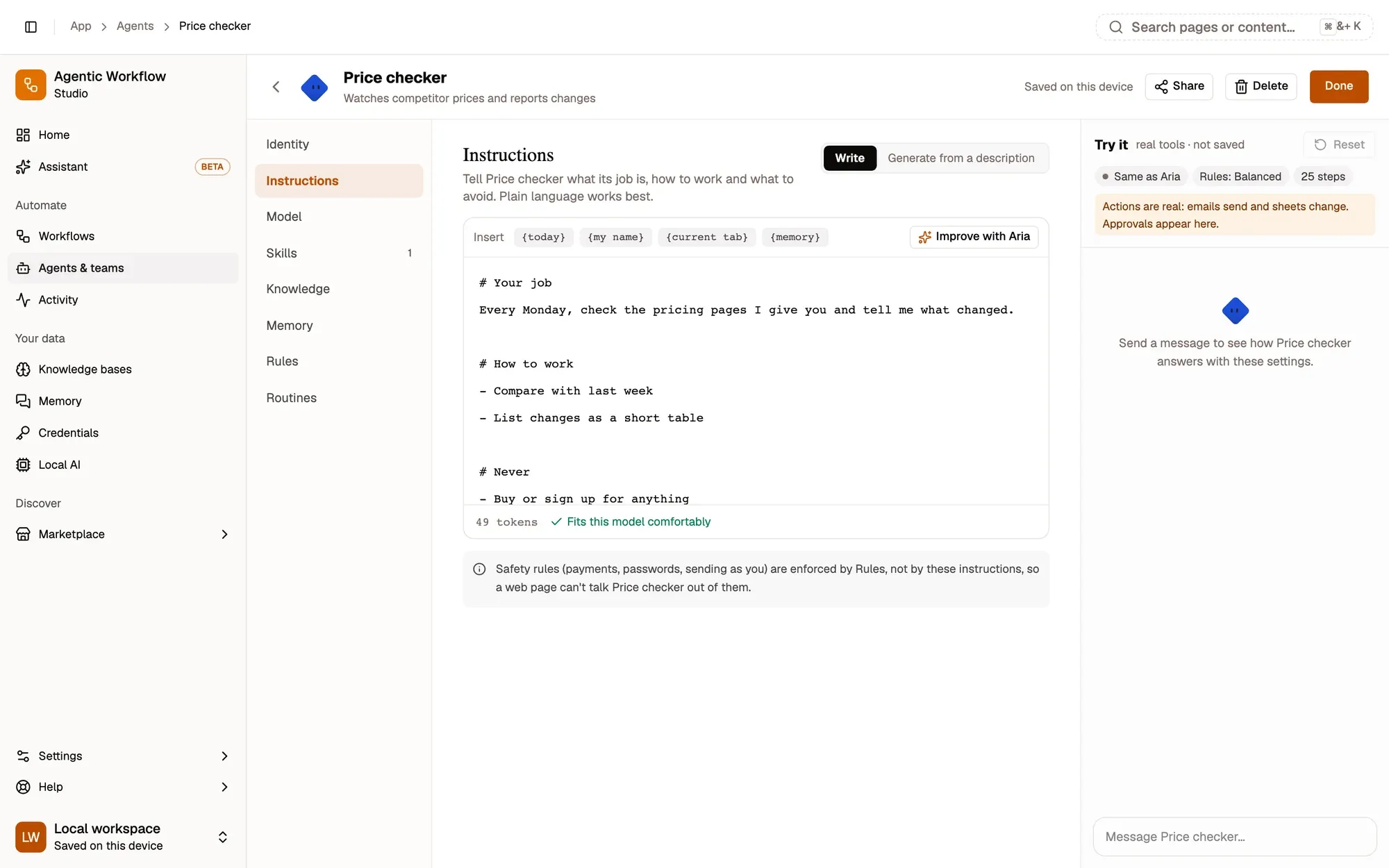 Step 3, close-up of the app: Instructions, outlined.