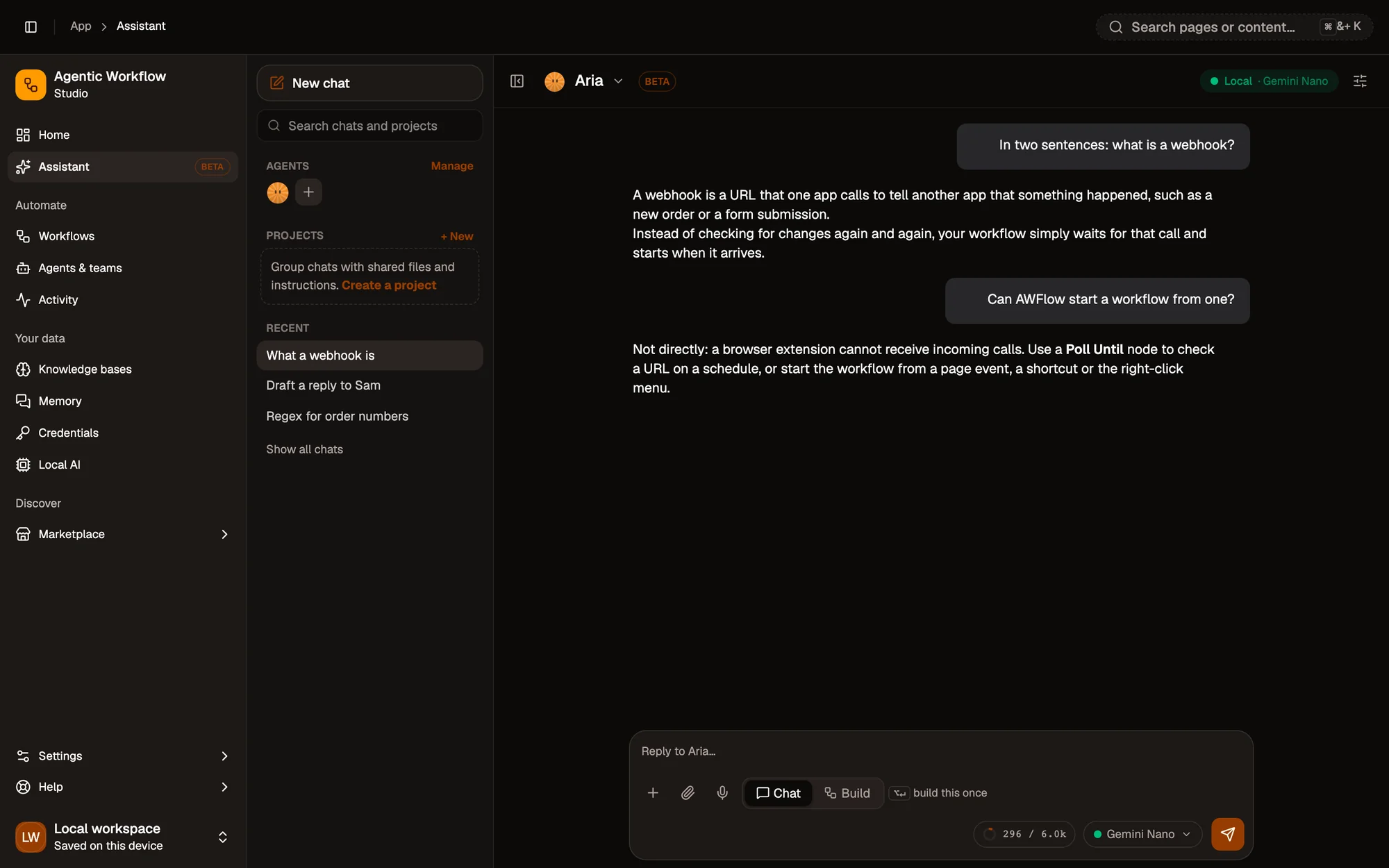 The Assistant page with a saved chat open: the user asks what a webhook is and whether AWFlow can start a workflow from one, and Aria answers in two short replies. The left rail lists recent chats.