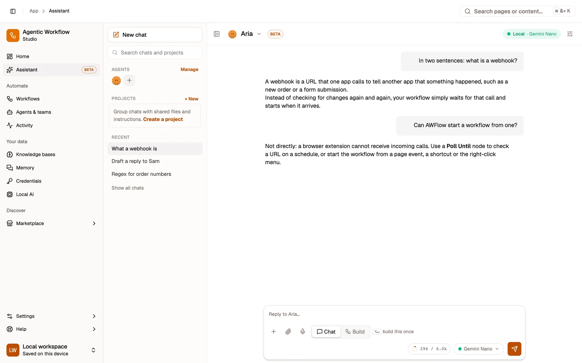 The Assistant page with a saved chat open: the user asks what a webhook is and whether AWFlow can start a workflow from one, and Aria answers in two short replies. The left rail lists recent chats.