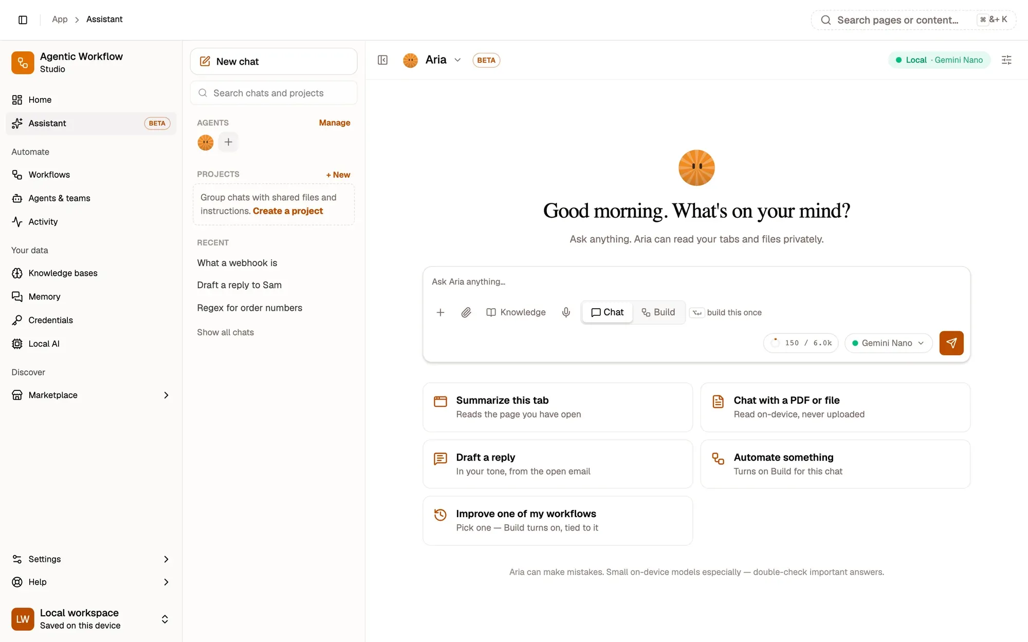 A new chat with Aria: the greeting, then the composer with the Ask Aria anything box, the Add context (+), Attach files and Dictate buttons, the Chat and Build switch, the context meter, the model picker set to Gemini Nano and the send button, above suggestion cards.