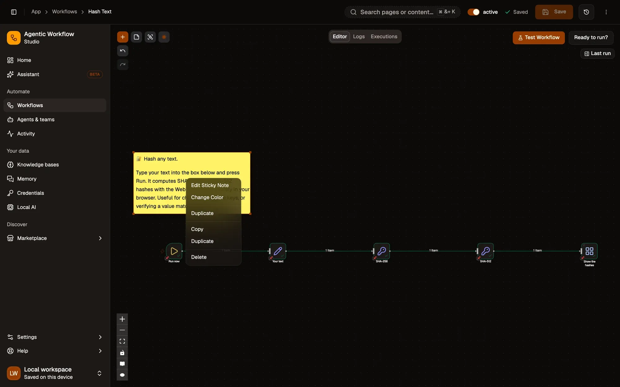 The Hash Text workflow in the editor with its yellow sticky note selected (resize handles on its corners) and its right-click menu open: Edit Sticky Note, Change Color, Duplicate, Copy, Duplicate and Delete. The Add sticky note button is in the toolbar at the top left.