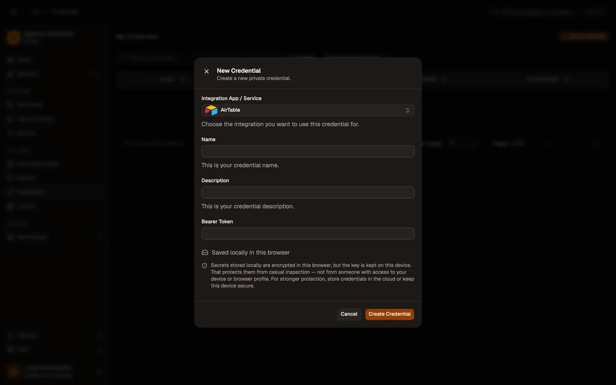 The New Credential dialog with AirTable picked under Integration App / Service: Name and Description fields, a Bearer Token field (no Auth Type menu: the app sets it), a note that the secret is saved locally and encrypted in this browser, and the Cancel and Create Credential buttons.