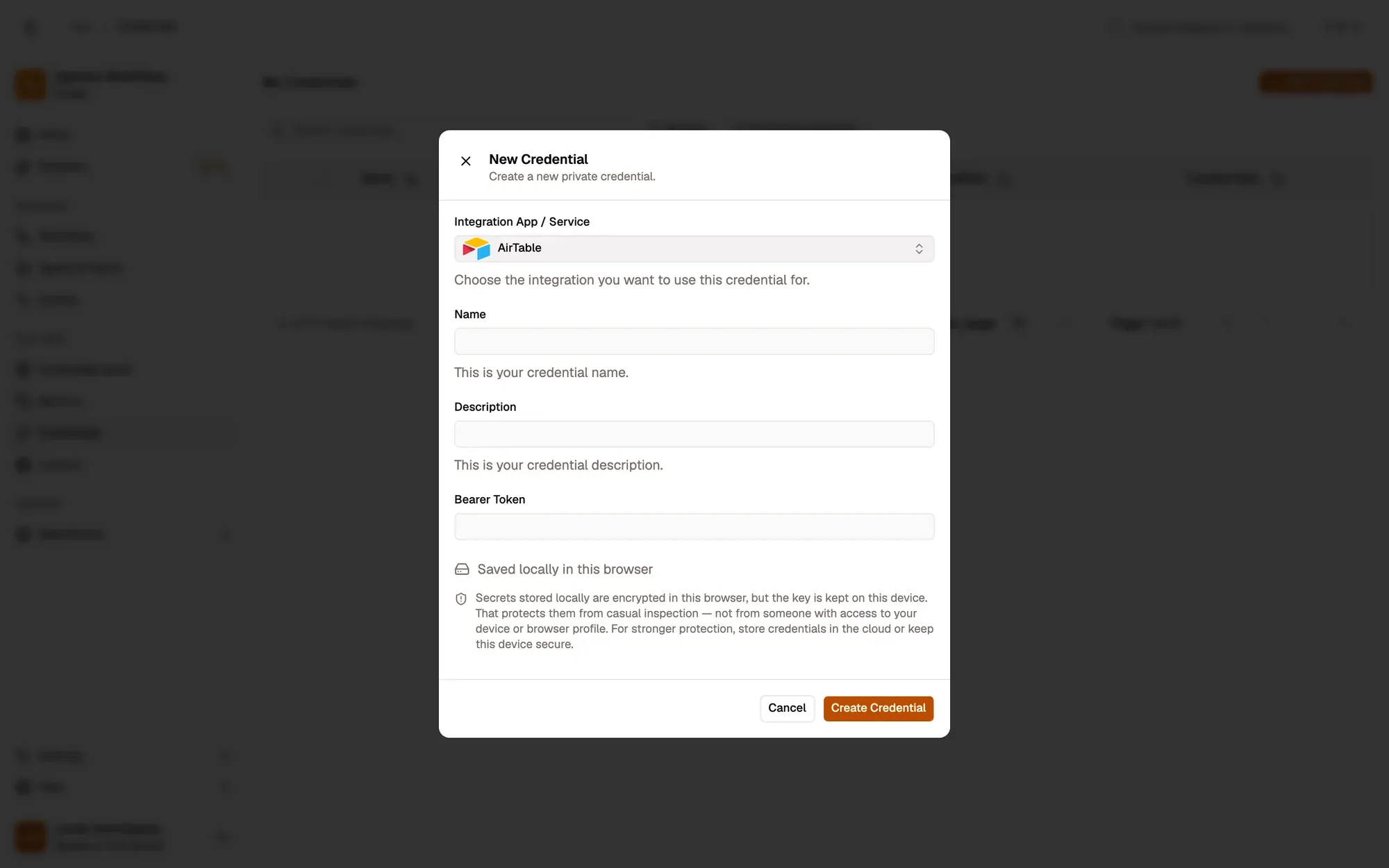 The New Credential dialog with AirTable picked under Integration App / Service: Name and Description fields, a Bearer Token field (no Auth Type menu: the app sets it), a note that the secret is saved locally and encrypted in this browser, and the Cancel and Create Credential buttons.