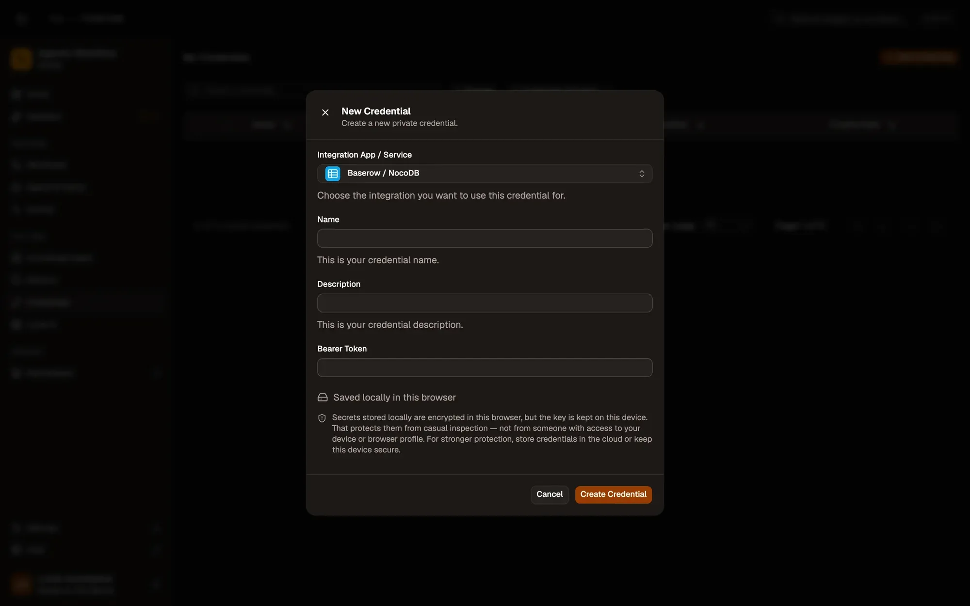 The New Credential dialog with Baserow / NocoDB picked under Integration App / Service: Name and Description fields, a Bearer Token field (no Auth Type menu: the app sets it), a note that the secret is saved locally and encrypted in this browser, and the Cancel and Create Credential buttons.