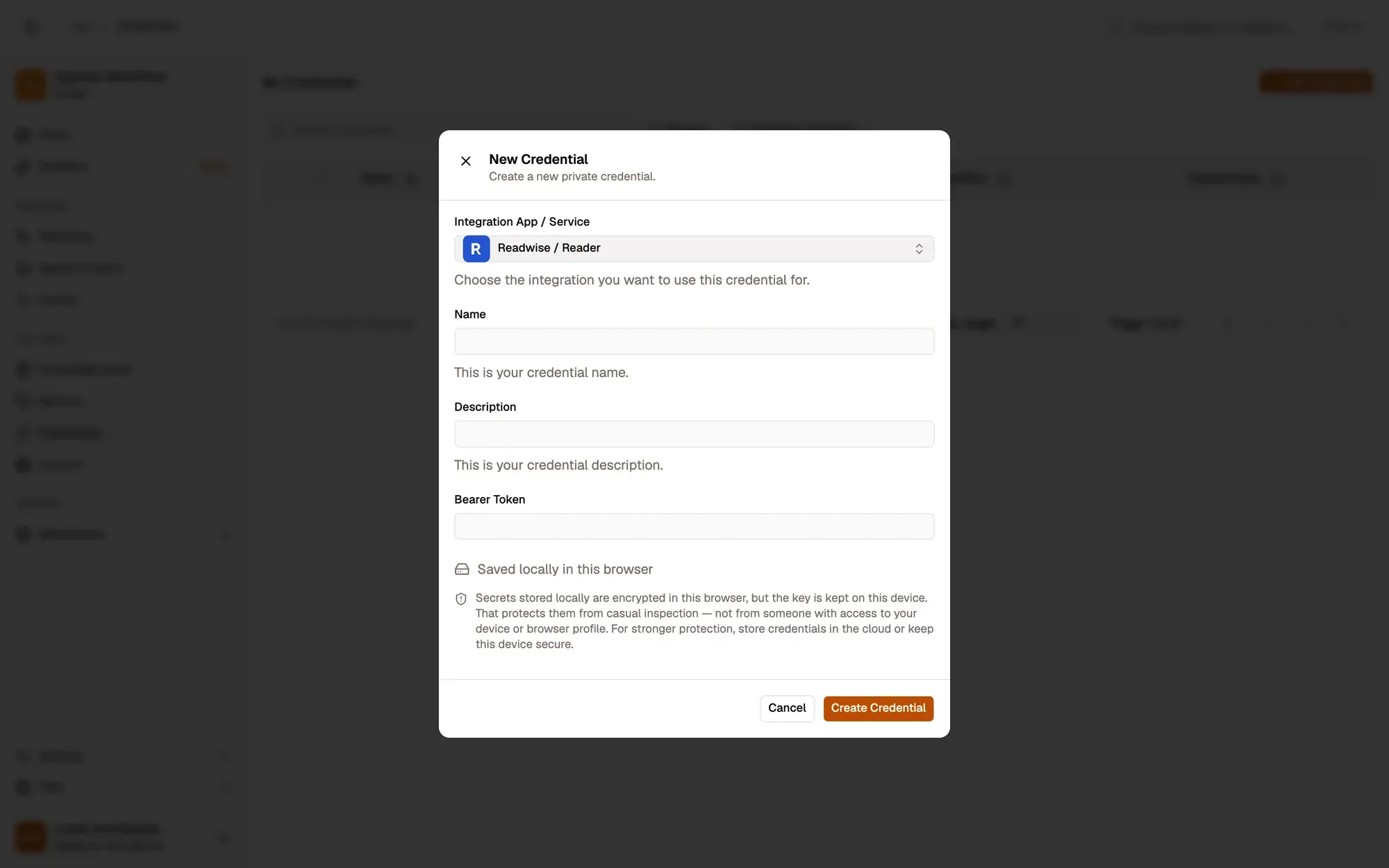 The New Credential dialog with Readwise / Reader picked under Integration App / Service: Name and Description fields, a Bearer Token field (no Auth Type menu: the app sets it), a note that the secret is saved locally and encrypted in this browser, and the Cancel and Create Credential buttons.