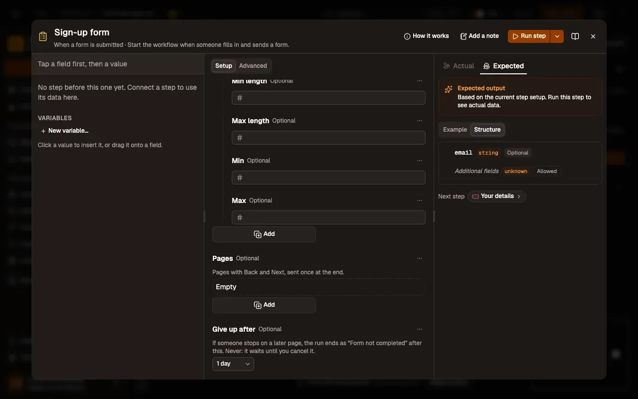 The settings of a Form trigger, Sign-up form, whose workflow has two more form pages: at the end, Give up after (If someone stops on a later page, the run ends as “Form not completed” after this. Never: it waits until you cancel it.) set to 1 day.