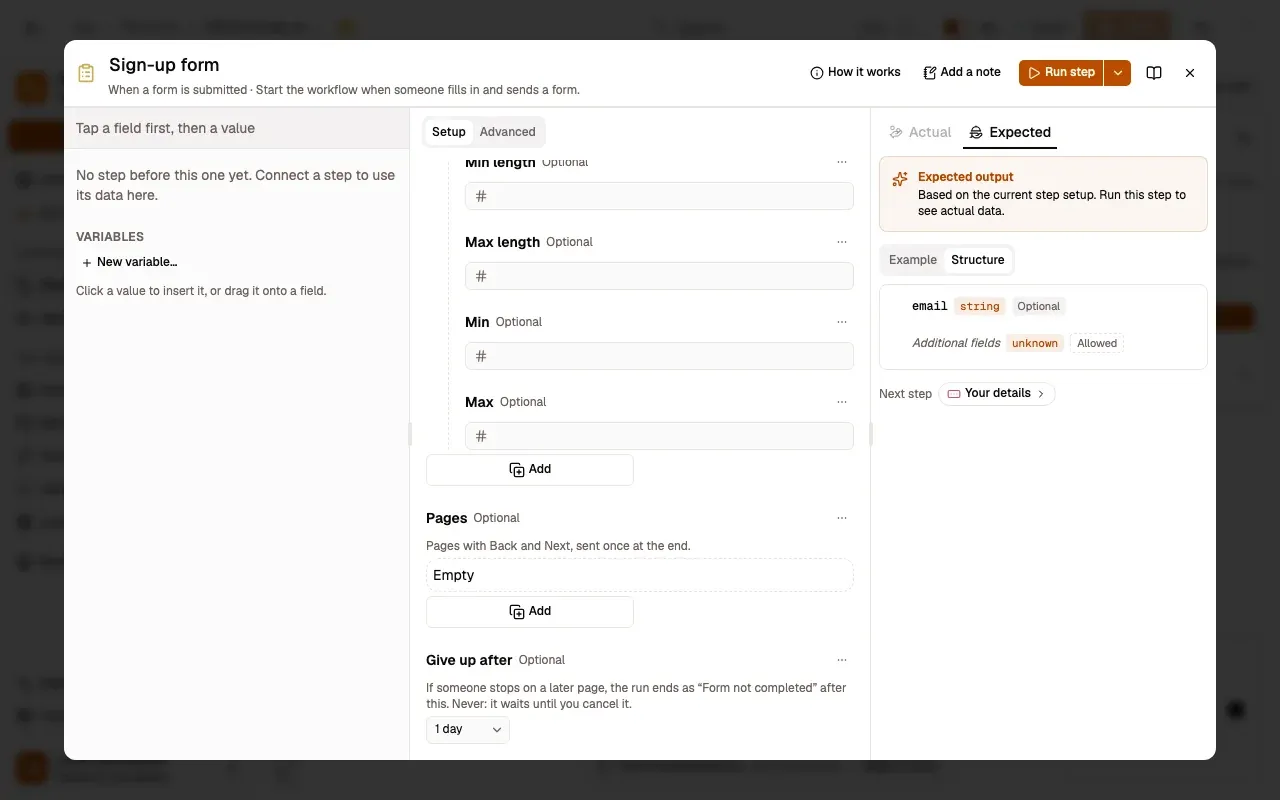 The settings of a Form trigger, Sign-up form, whose workflow has two more form pages: at the end, Give up after (If someone stops on a later page, the run ends as “Form not completed” after this. Never: it waits until you cancel it.) set to 1 day.