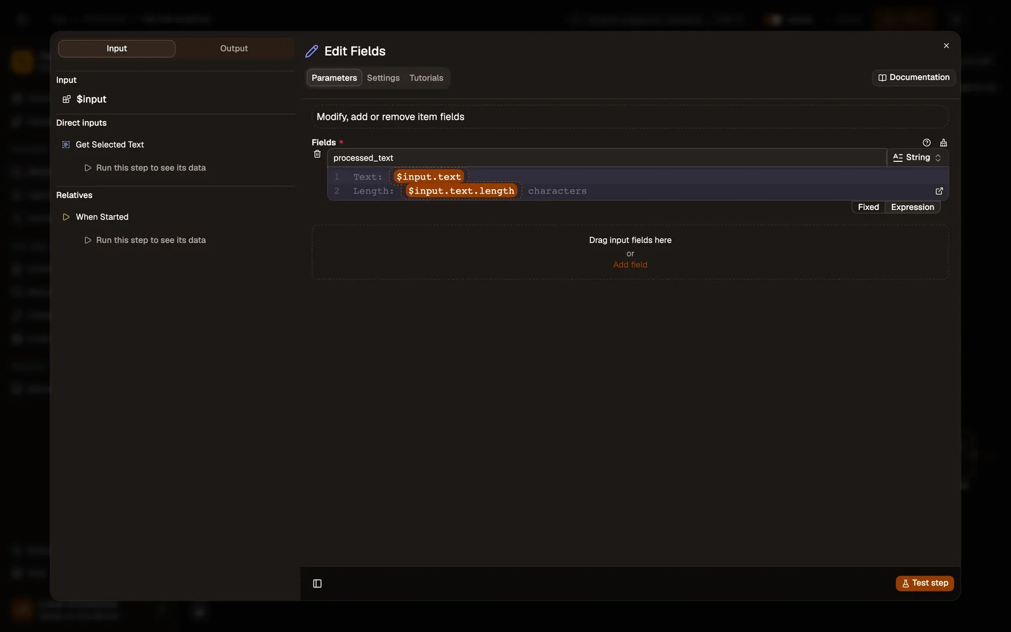 Add field in the settings panel of an Edit Fields node (shown with lesson 2's processed_text field).
