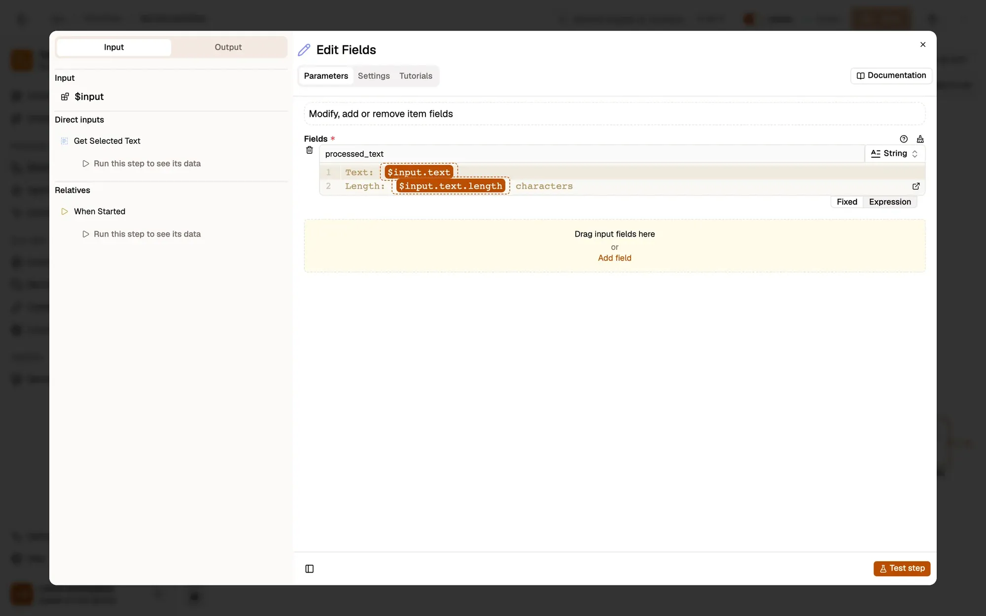 Add field in the settings panel of an Edit Fields node (shown with lesson 2's processed_text field).