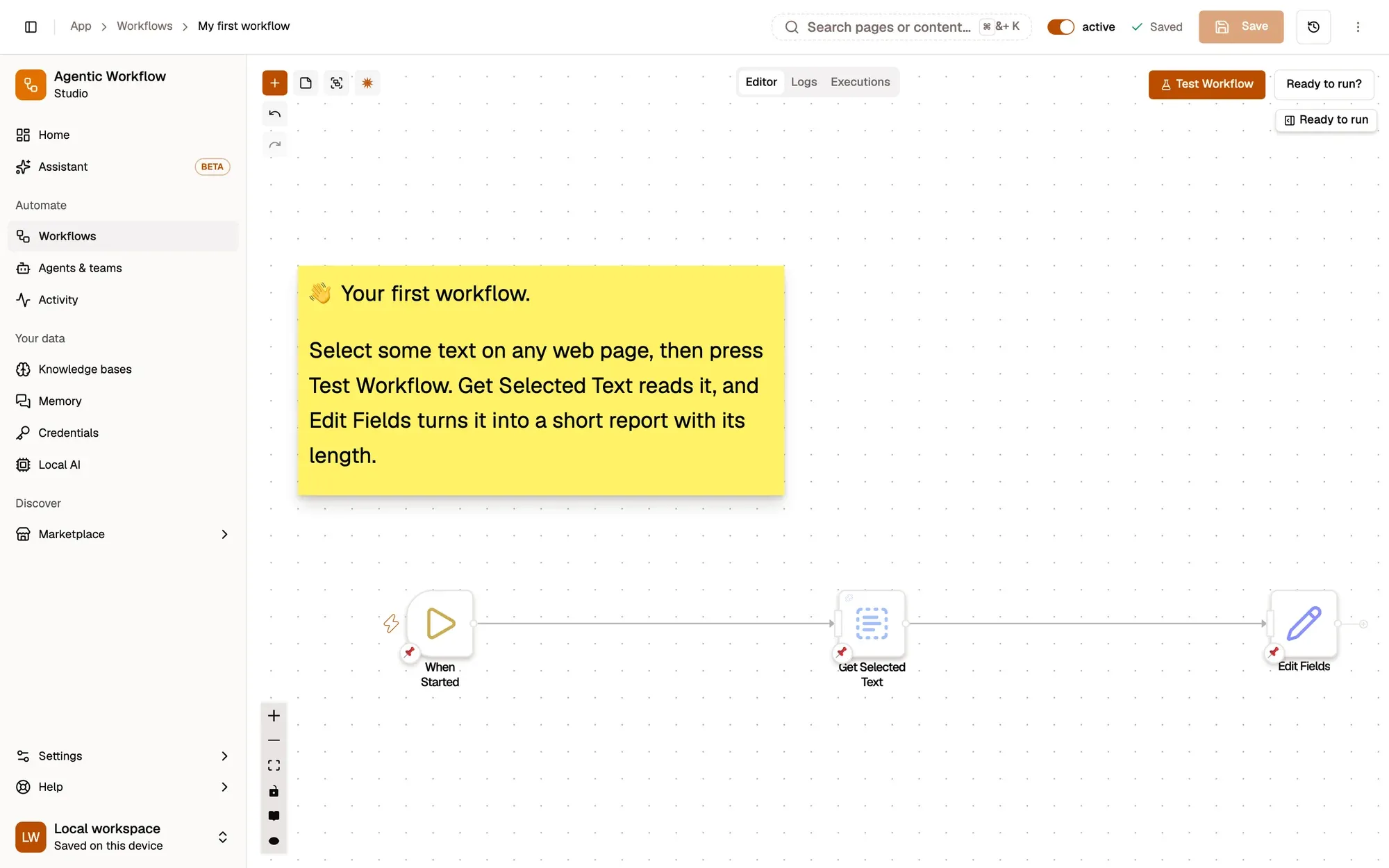 Step 4, close-up of the app: Test Workflow, outlined.