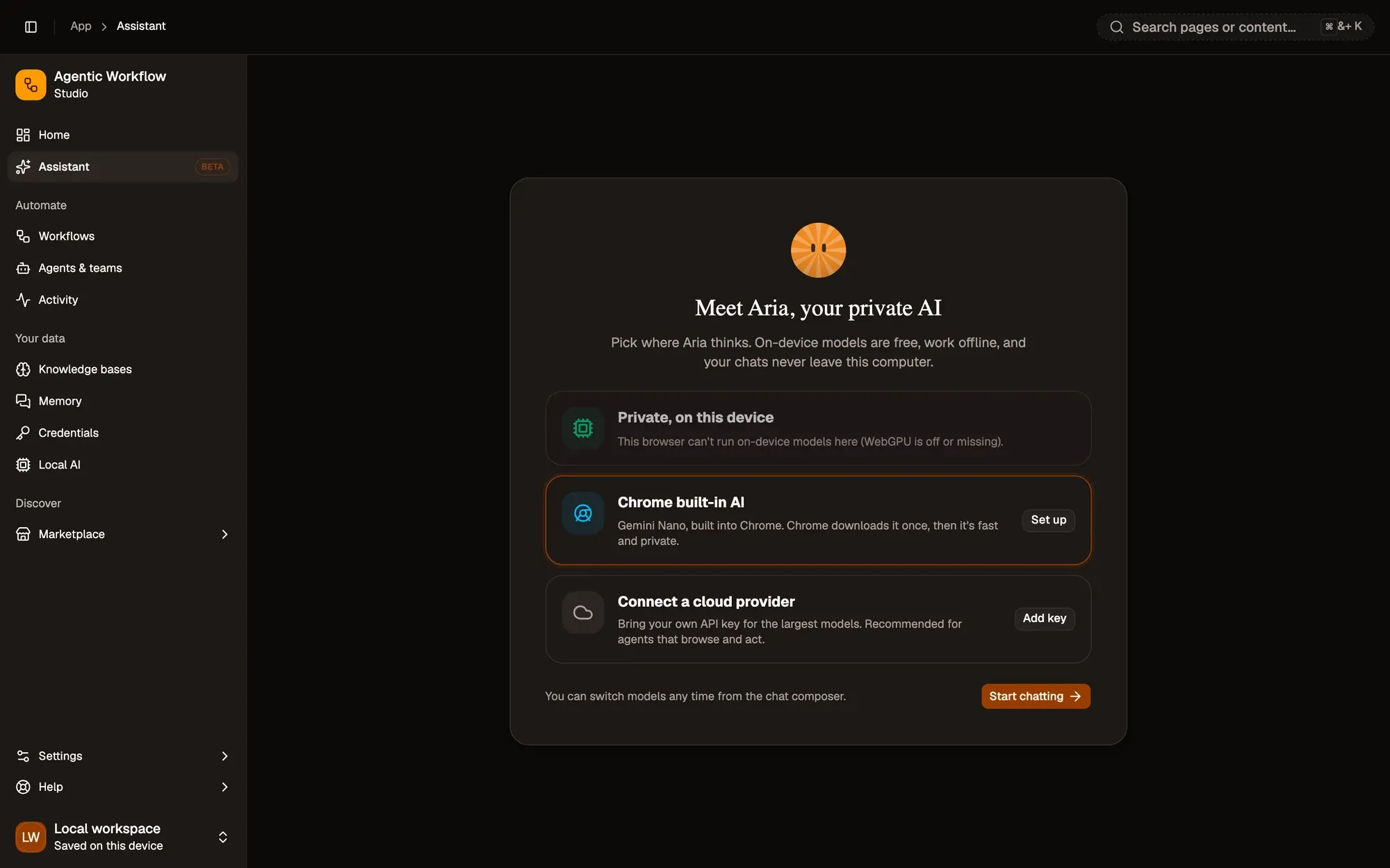 Step 1, close-up of the app: Start chatting, outlined.
