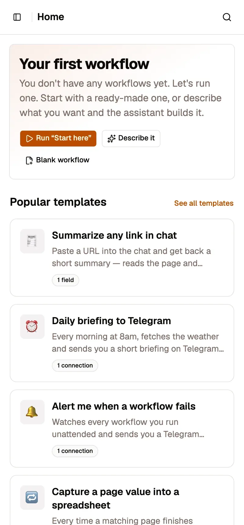 Step 4, close-up of the app: The AWFlow app in the side panel: the sidebar button opens Workflows, Assistant and the rest, outlined.