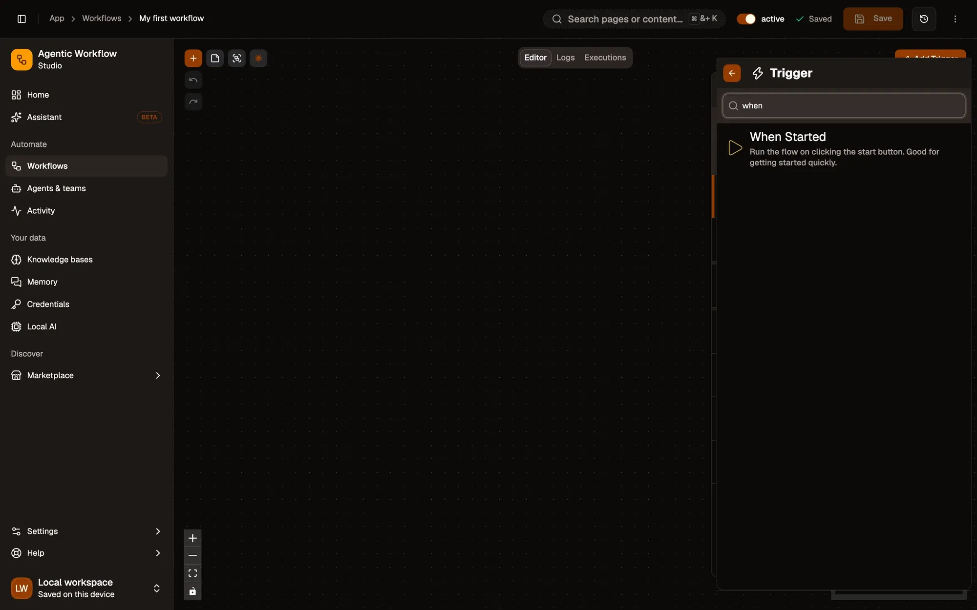 Step 2, close-up of the app: When Started, outlined.