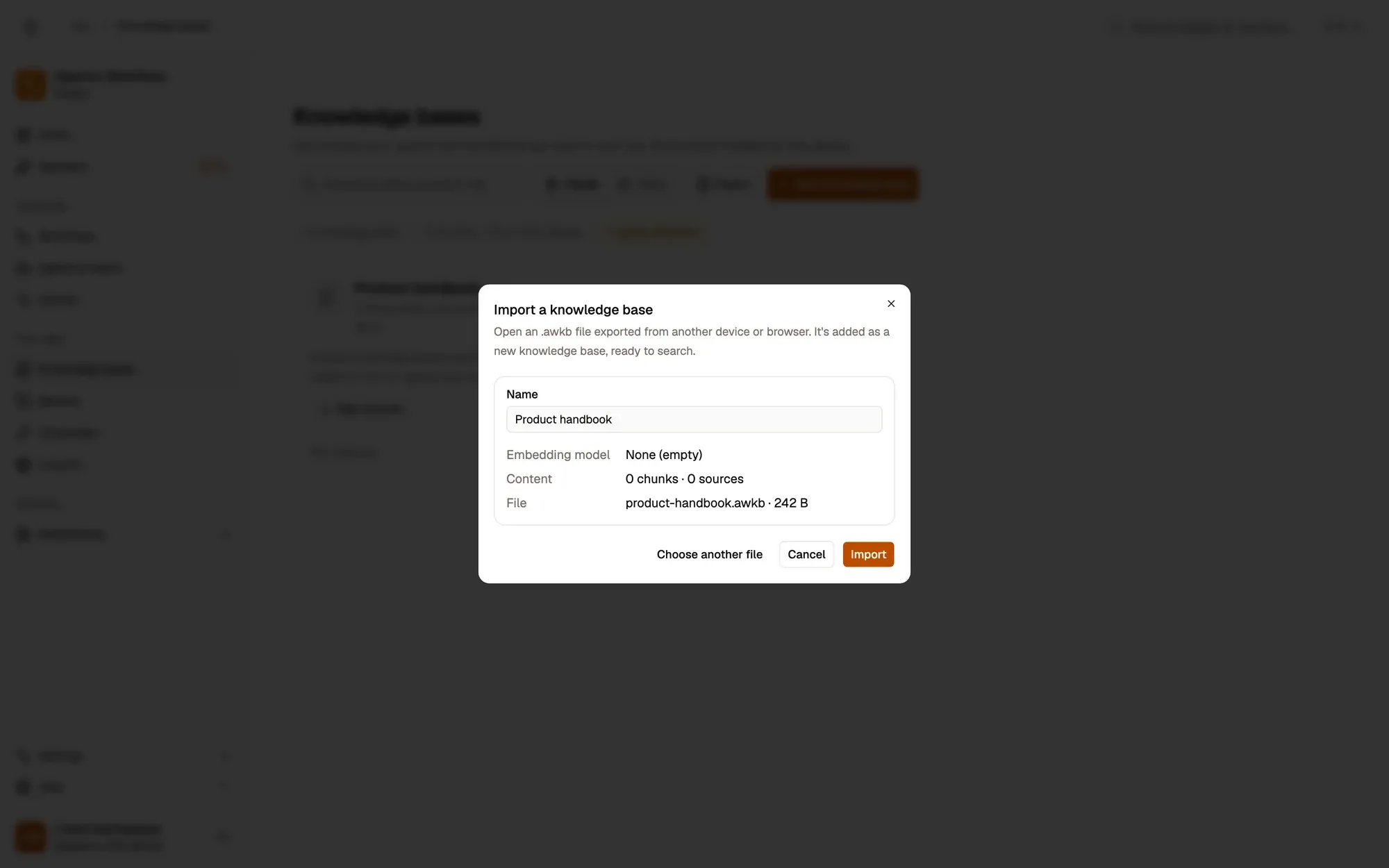 Step 2, close-up of the app: Embedding model, content and file, outlined.