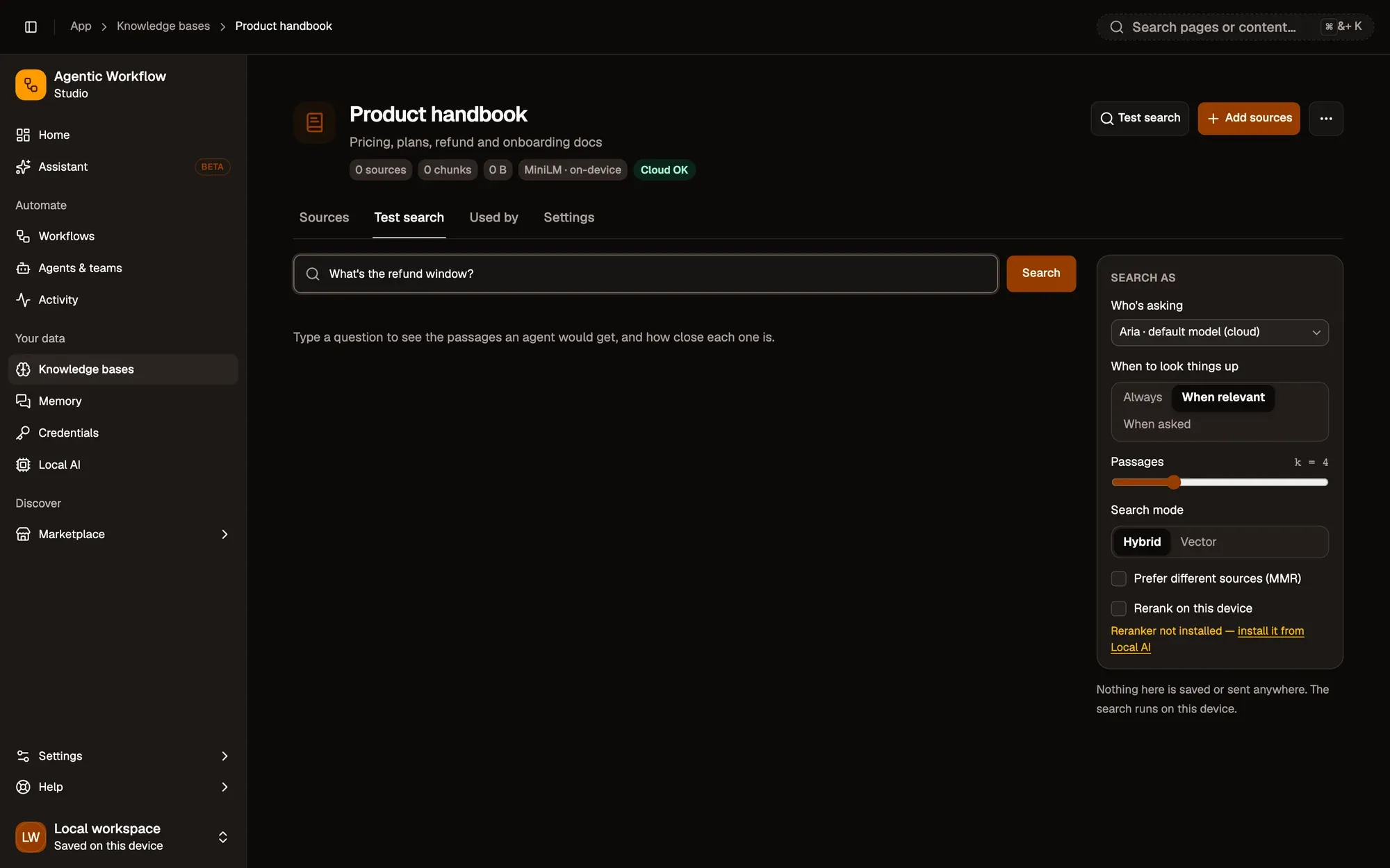 The Test search tab of the Product handbook knowledge base: a Question box with a question typed in and a Search button, and the Search as panel: Who's asking (Aria · default model), When to look things up, Passages, Search mode (Hybrid or Vector), Prefer different sources (MMR) and Rerank on this device. No search has been run yet.