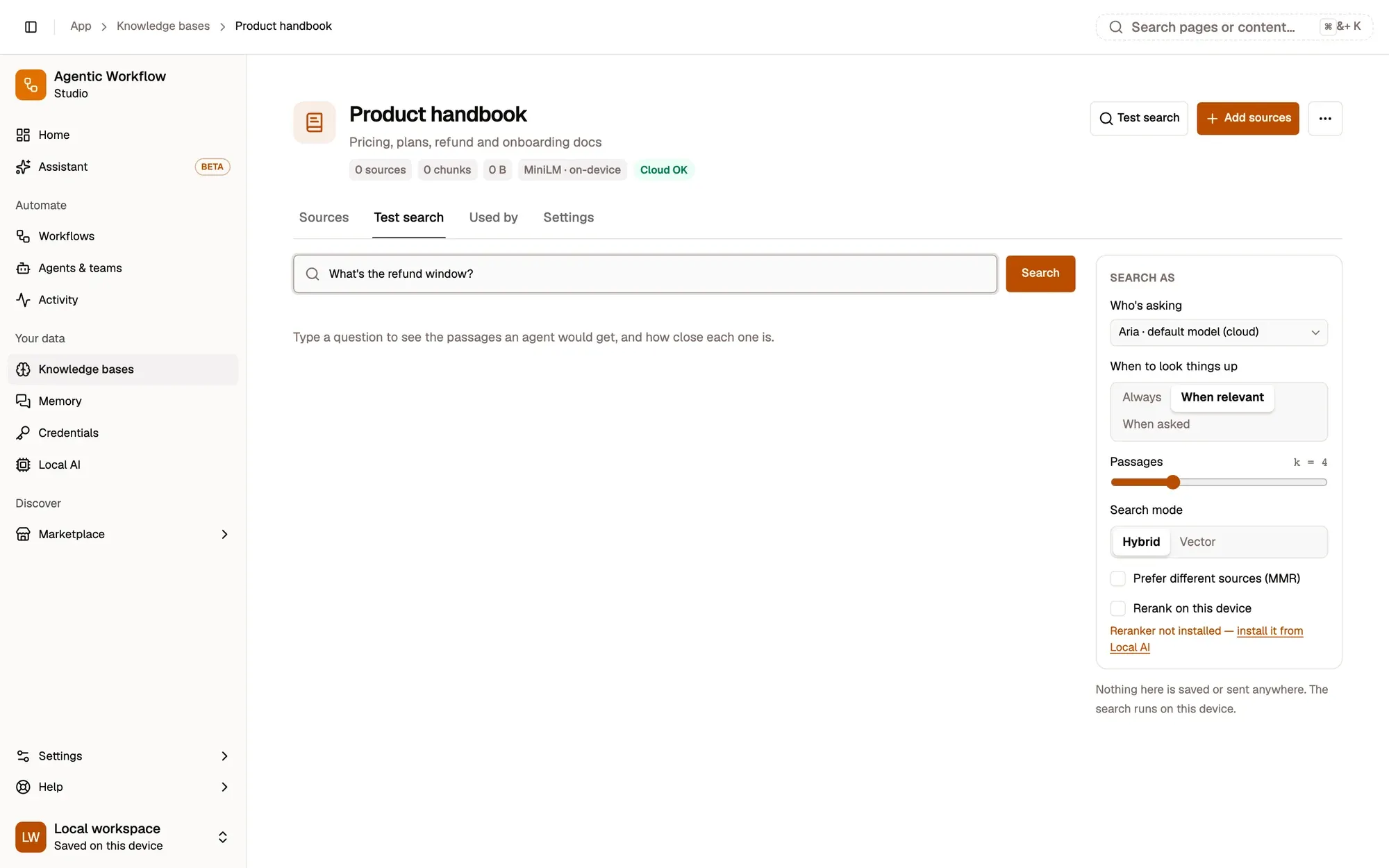 The Test search tab of the Product handbook knowledge base: a Question box with a question typed in and a Search button, and the Search as panel: Who's asking (Aria · default model), When to look things up, Passages, Search mode (Hybrid or Vector), Prefer different sources (MMR) and Rerank on this device. No search has been run yet.