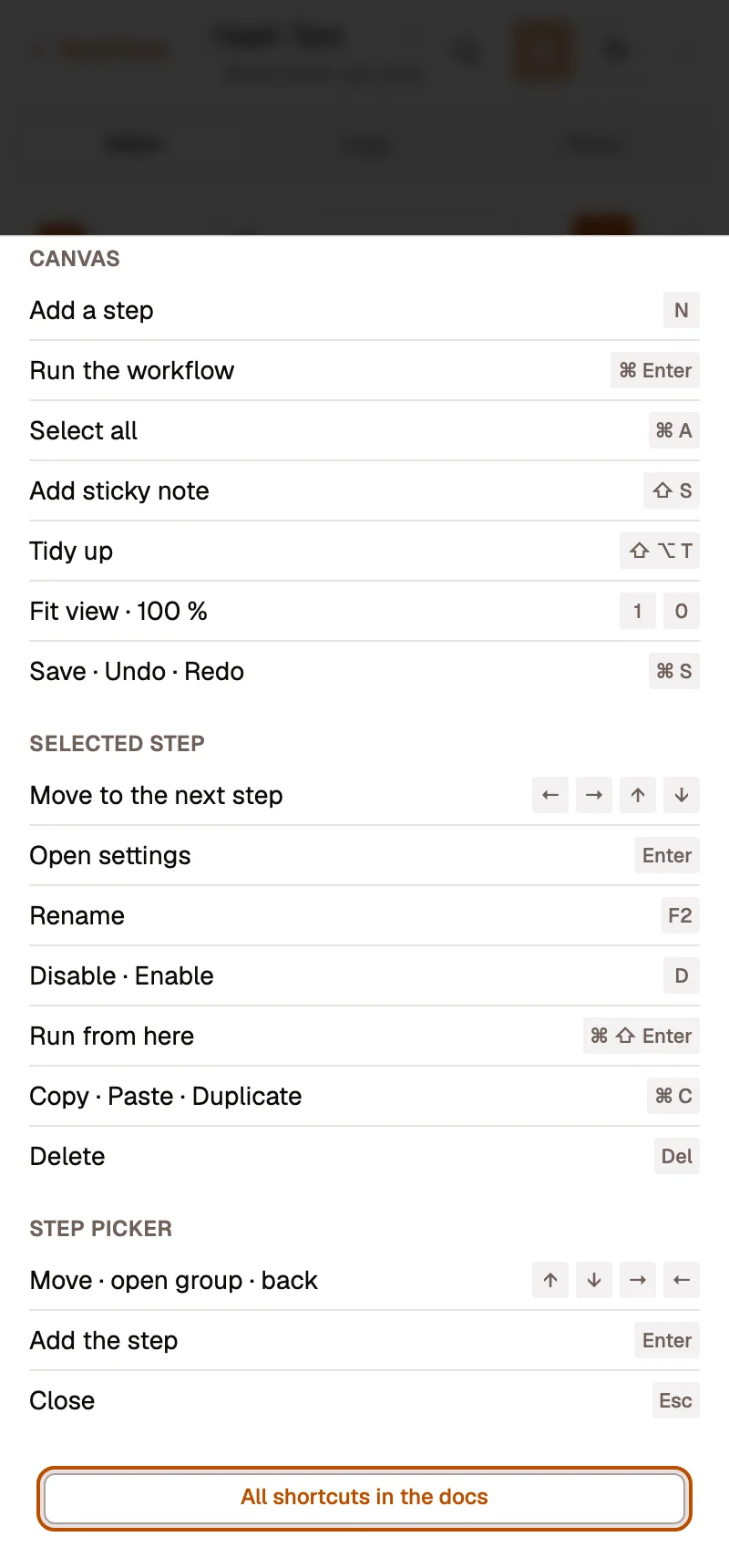 The Keyboard shortcuts sheet at side-panel width: Canvas (Add a step N, Run the workflow ⌘ Enter, Select all, Add sticky note, Tidy up, Fit view · 100 %, Save · Undo · Redo), Selected step (move with the arrows, Open settings Enter, Rename F2, Disable · Enable D, Copy · Paste · Duplicate, Delete), Step picker keys, and All shortcuts in the docs.
