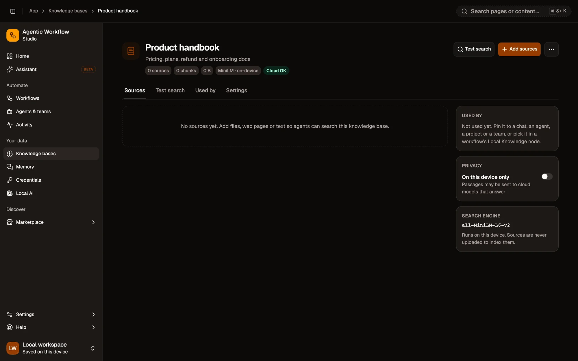 A new knowledge base called Product handbook: its source, chunk and size counters, the on-device MiniLM search engine and Cloud OK badges, the Sources, Test search, Used by and Settings tabs, and side cards for Used by, Privacy and Search engine. It has no sources yet.