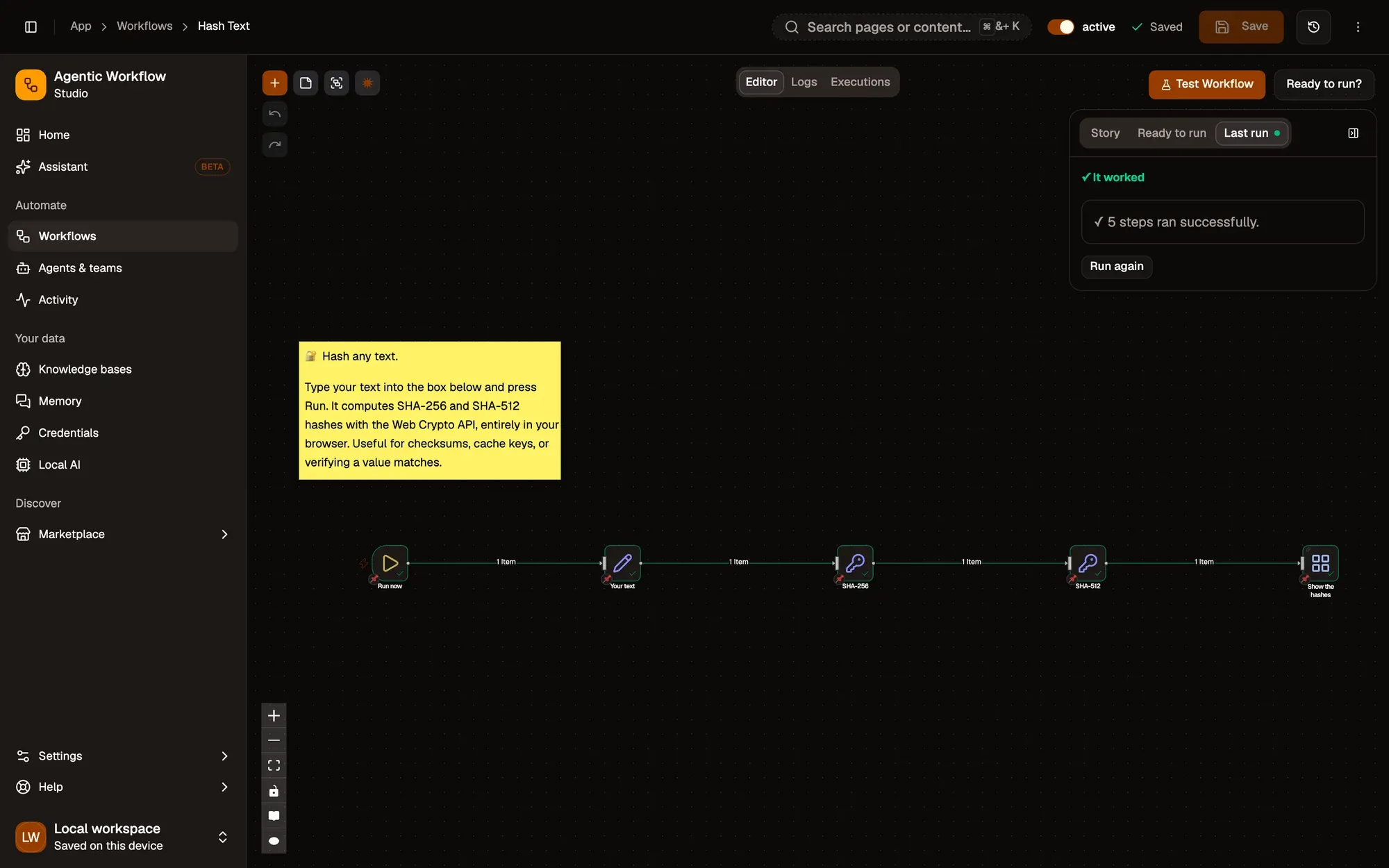 Step 1, close-up of the app: Test Workflow, outlined.