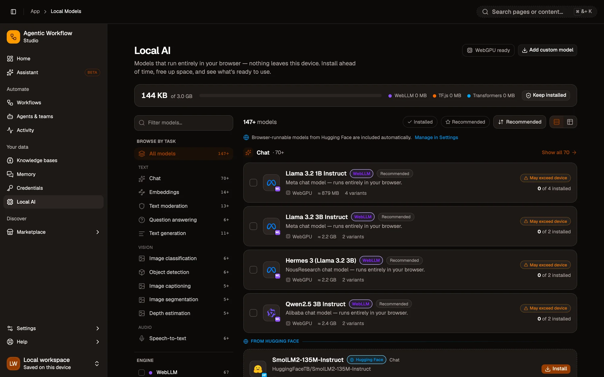 The Local AI page: storage used by on-device models split by engine (WebLLM, TF.js, Transformers), a task list on the left (Chat, Embeddings, vision and audio tasks) and model cards on the right, such as Llama 3.2 1B Instruct with its size, variants and install state.
