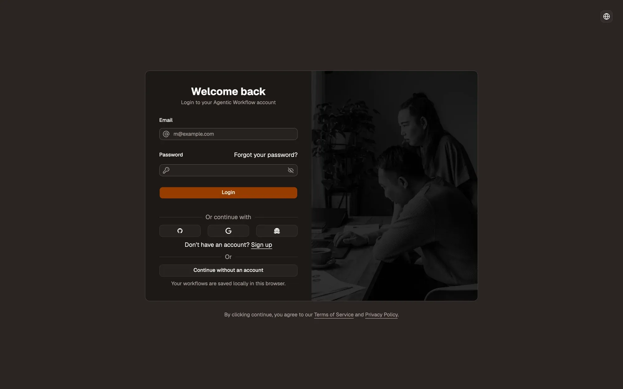 The login form: Welcome back, with Email and Password fields, a Forgot your password? link, the Login button, GitHub, Google and Hugging Face buttons under Or continue with, a Sign up link, and Continue without an account.