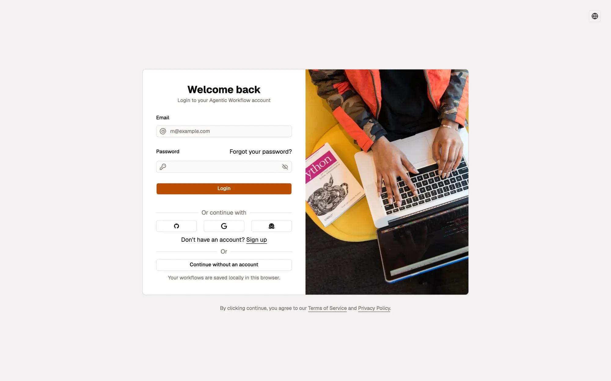 The login form: Welcome back, with Email and Password fields, a Forgot your password? link, the Login button, GitHub, Google and Hugging Face buttons under Or continue with, a Sign up link, and Continue without an account.