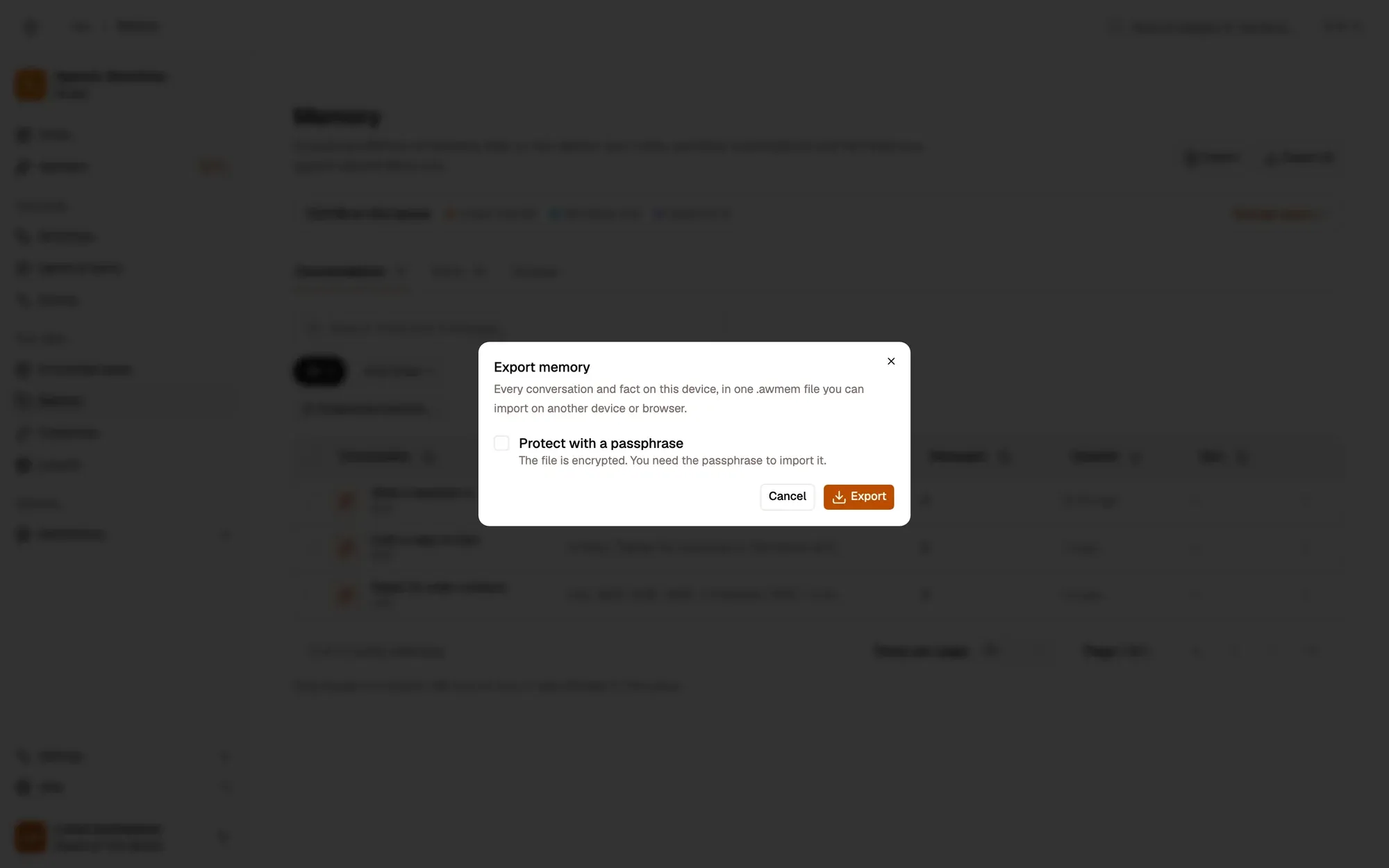 The Export memory dialog opened from Export all: every conversation and fact on this device in one .awmem file, a Protect with a passphrase checkbox, and Cancel and Export buttons.