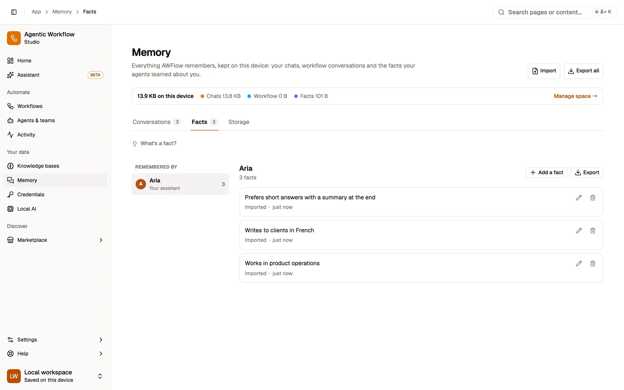 The Facts tab of Memory: Remembered by lists Aria with 3 facts; Aria's facts are Prefers short answers with a summary at the end, Writes to clients in French and Works in product operations, each with Edit and Forget buttons, under Add a fact and Export.