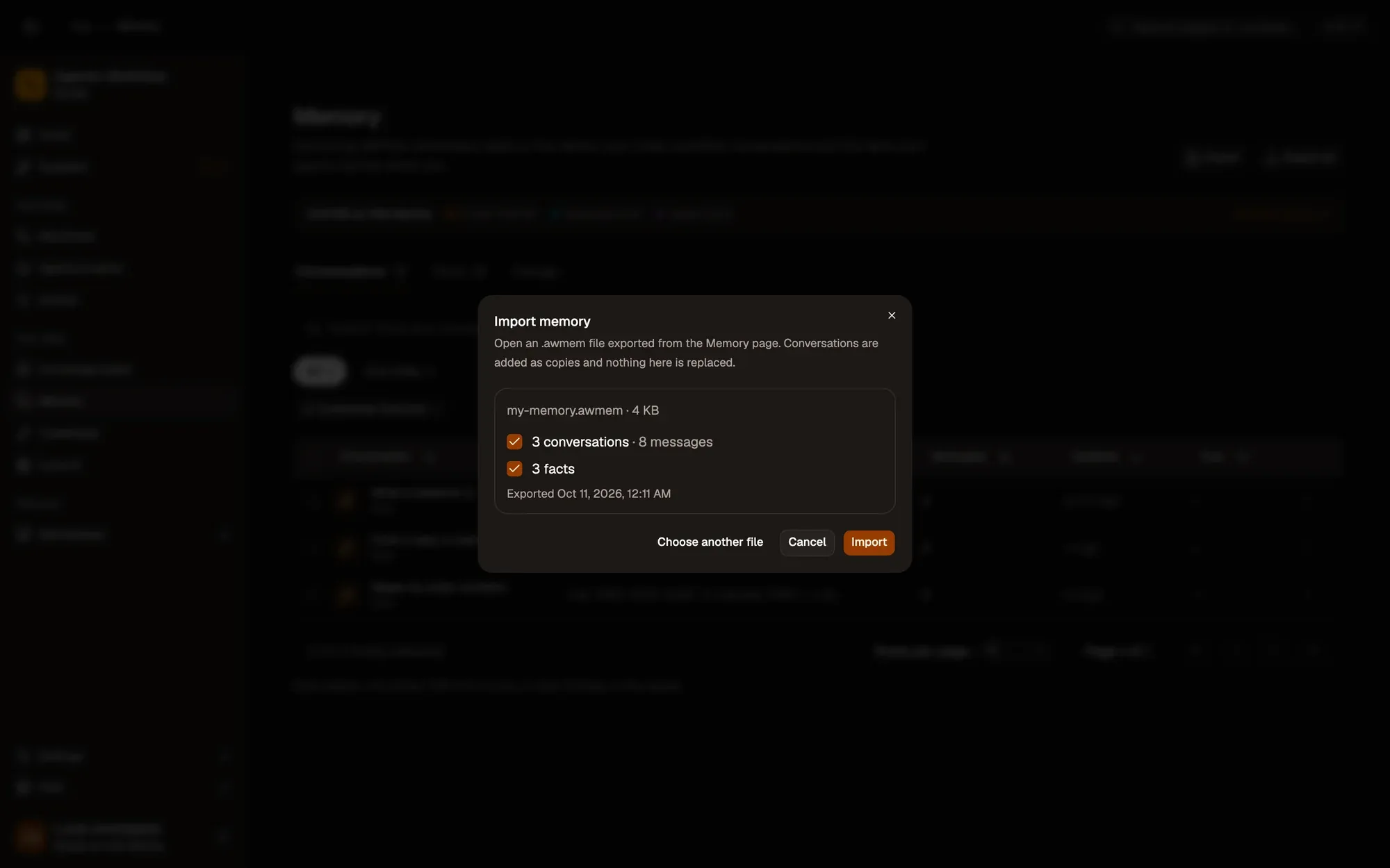 The Import memory dialog after choosing an .awmem file: a preview of the conversations, messages and facts it holds and when it was exported, with Cancel and Import buttons.