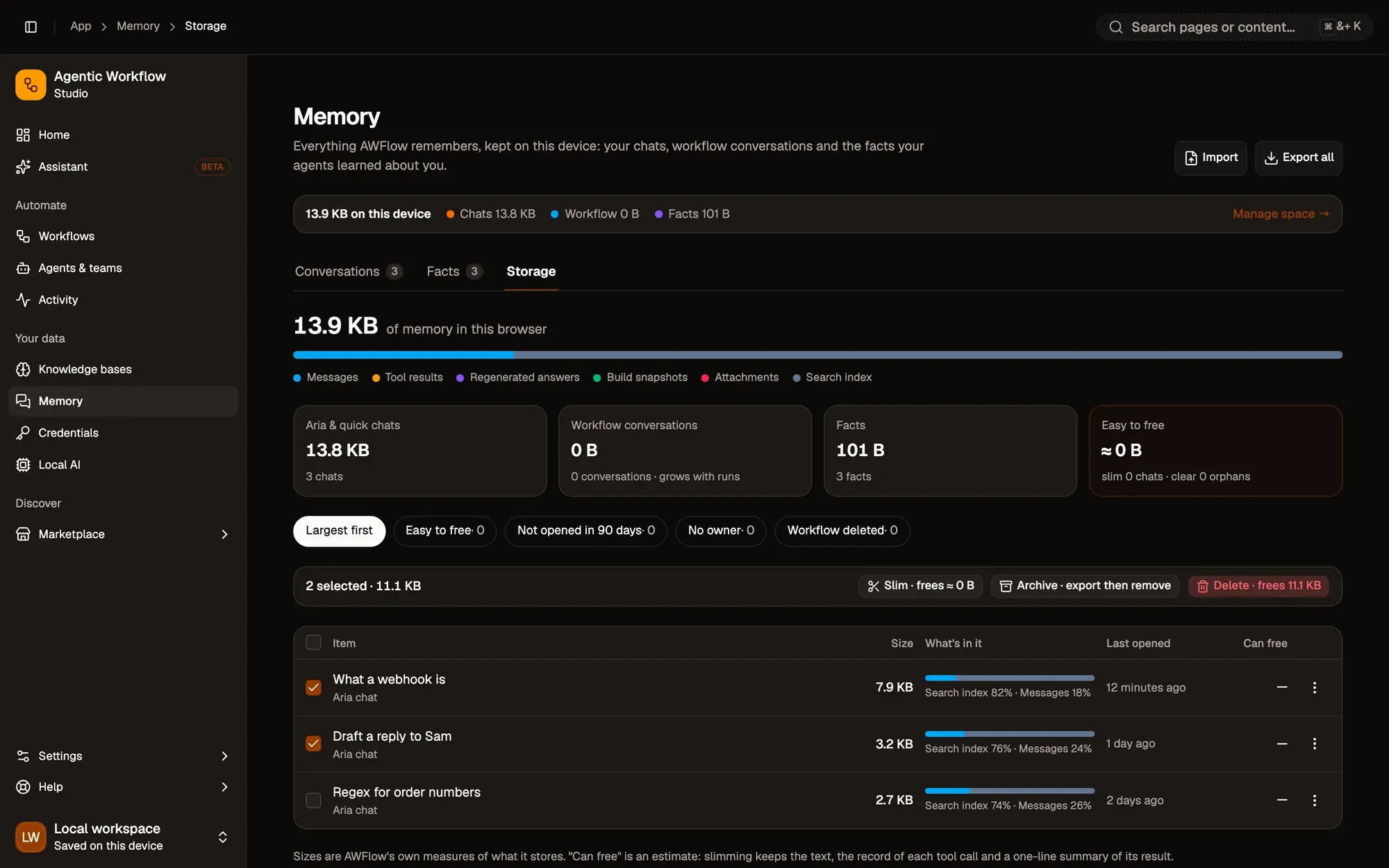 The Storage tab of Memory: 13.9 KB of memory split by content, tiles for Aria & quick chats, Workflow conversations, Facts and Easy to free, the filters Largest first, Easy to free, Not opened in 90 days, No owner and Workflow deleted, and the conversation table with two chats selected. The selection bar shows 2 selected with Slim, Archive and Delete, each with what it frees.