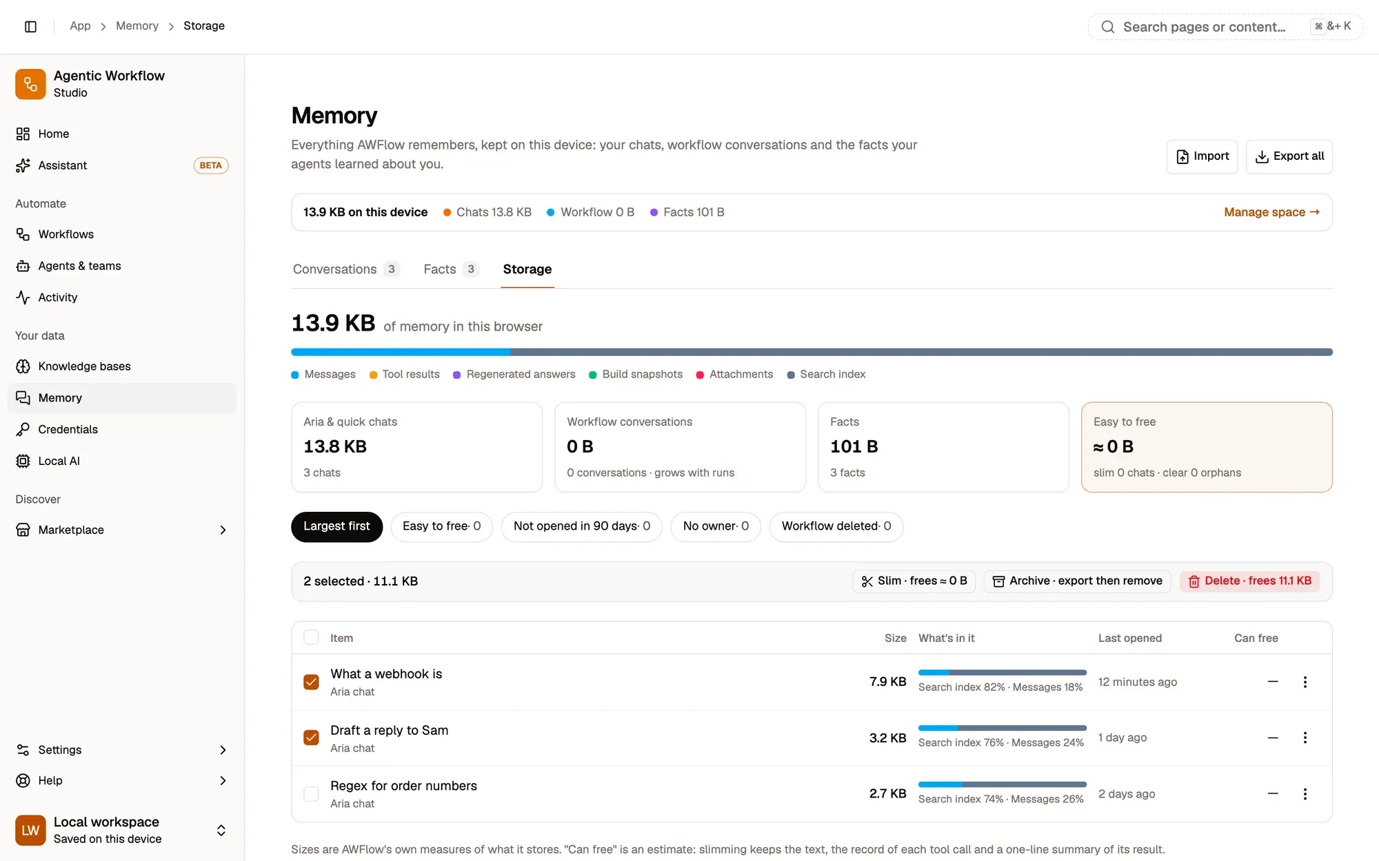 The Storage tab of Memory: 13.9 KB of memory split by content, tiles for Aria & quick chats, Workflow conversations, Facts and Easy to free, the filters Largest first, Easy to free, Not opened in 90 days, No owner and Workflow deleted, and the conversation table with two chats selected. The selection bar shows 2 selected with Slim, Archive and Delete, each with what it frees.
