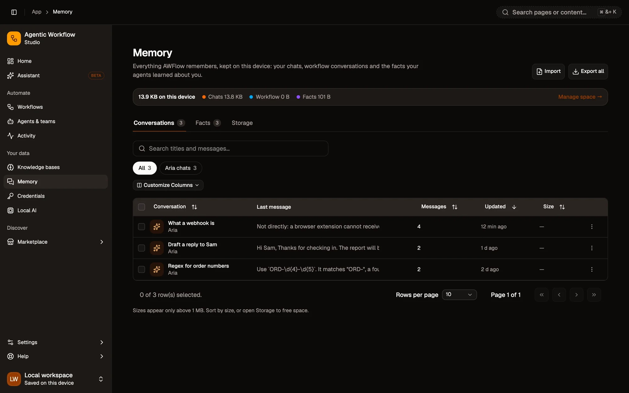 The Memory page: total space on this device split into Chats, Workflow and Facts, Import and Export all buttons, and the Conversations tab listing three Aria chats (What a webhook is, Draft a reply to Sam, Regex for order numbers) with their last message, message count and when they were updated.