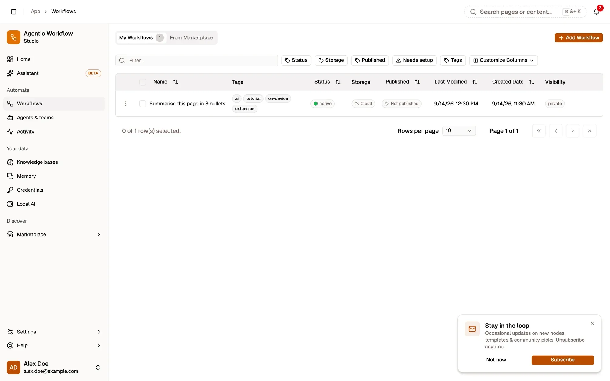 The Workflows page of a fictional signed-in account with the Stay in the loop card in the bottom-right corner: occasional updates on new nodes, templates and community picks, with Not now and Subscribe buttons and a close button.