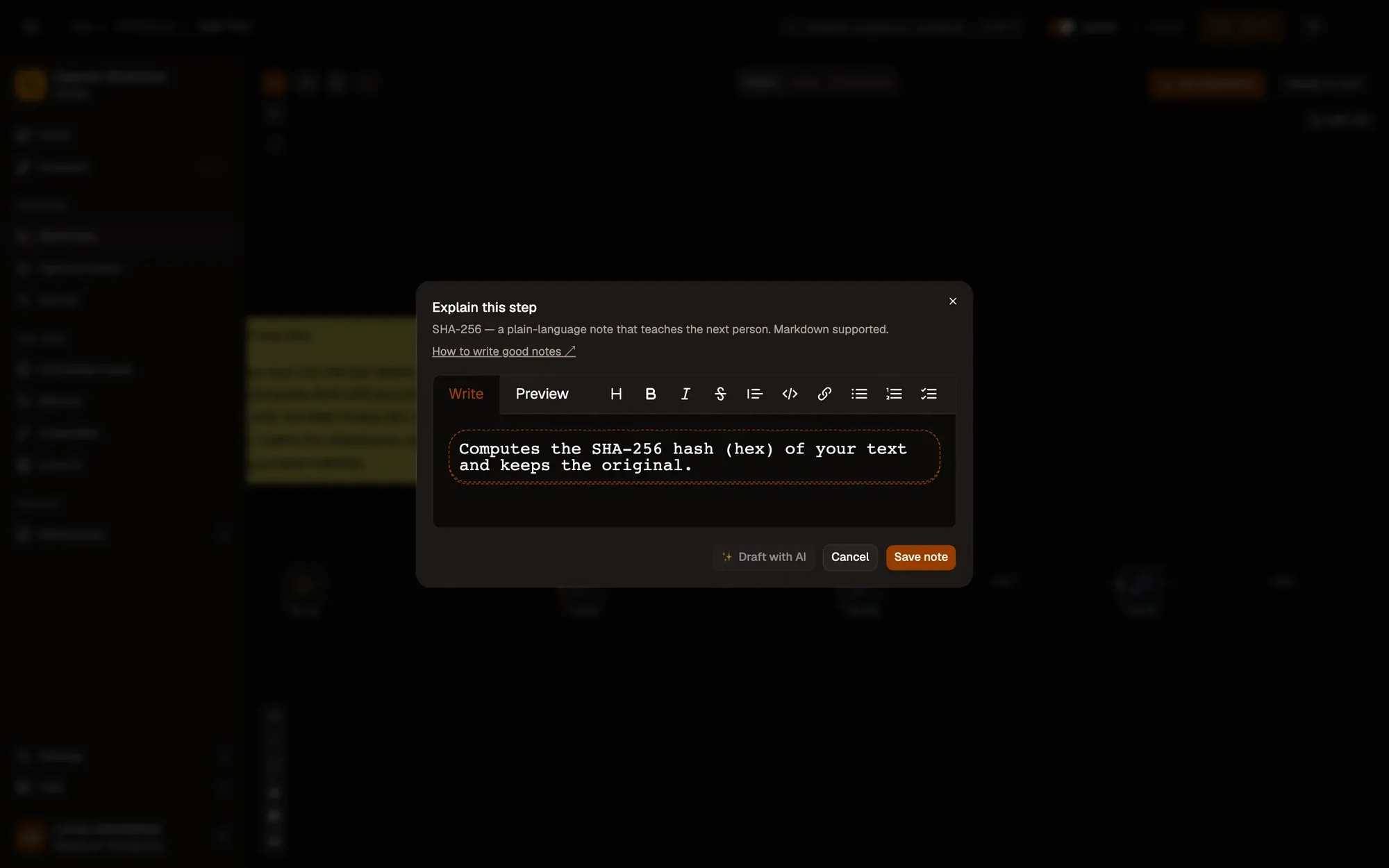 Step 3, close-up of the app: Save note, outlined.