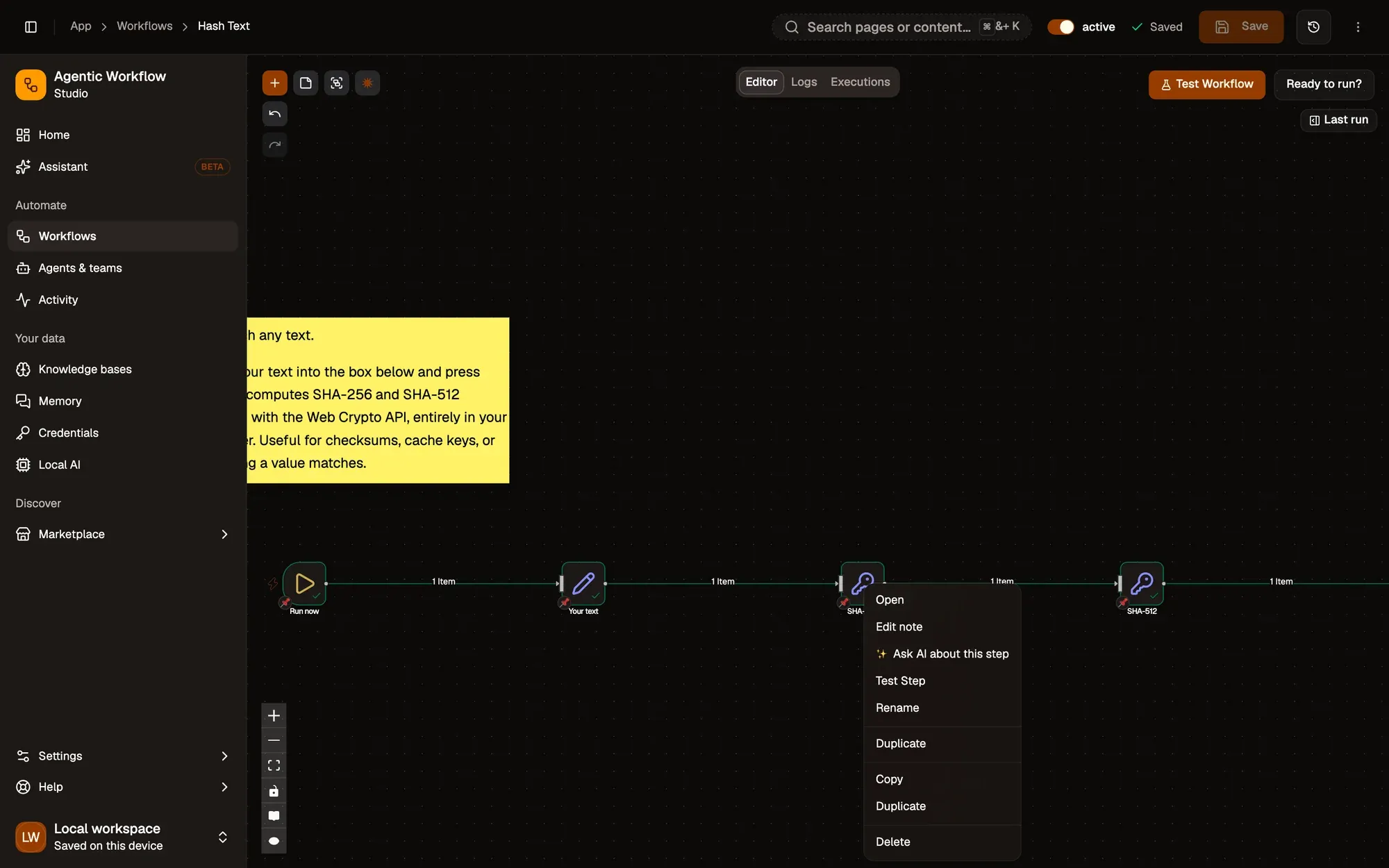 Step 1, close-up of the app: The step you right-clicked, outlined.