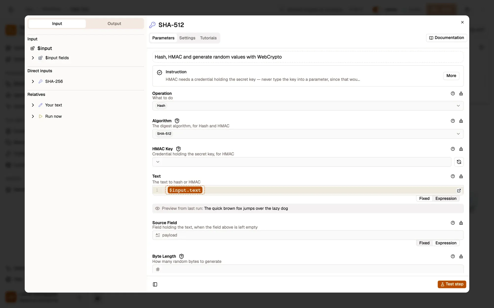 Step 2, close-up of the app: Test step, outlined.