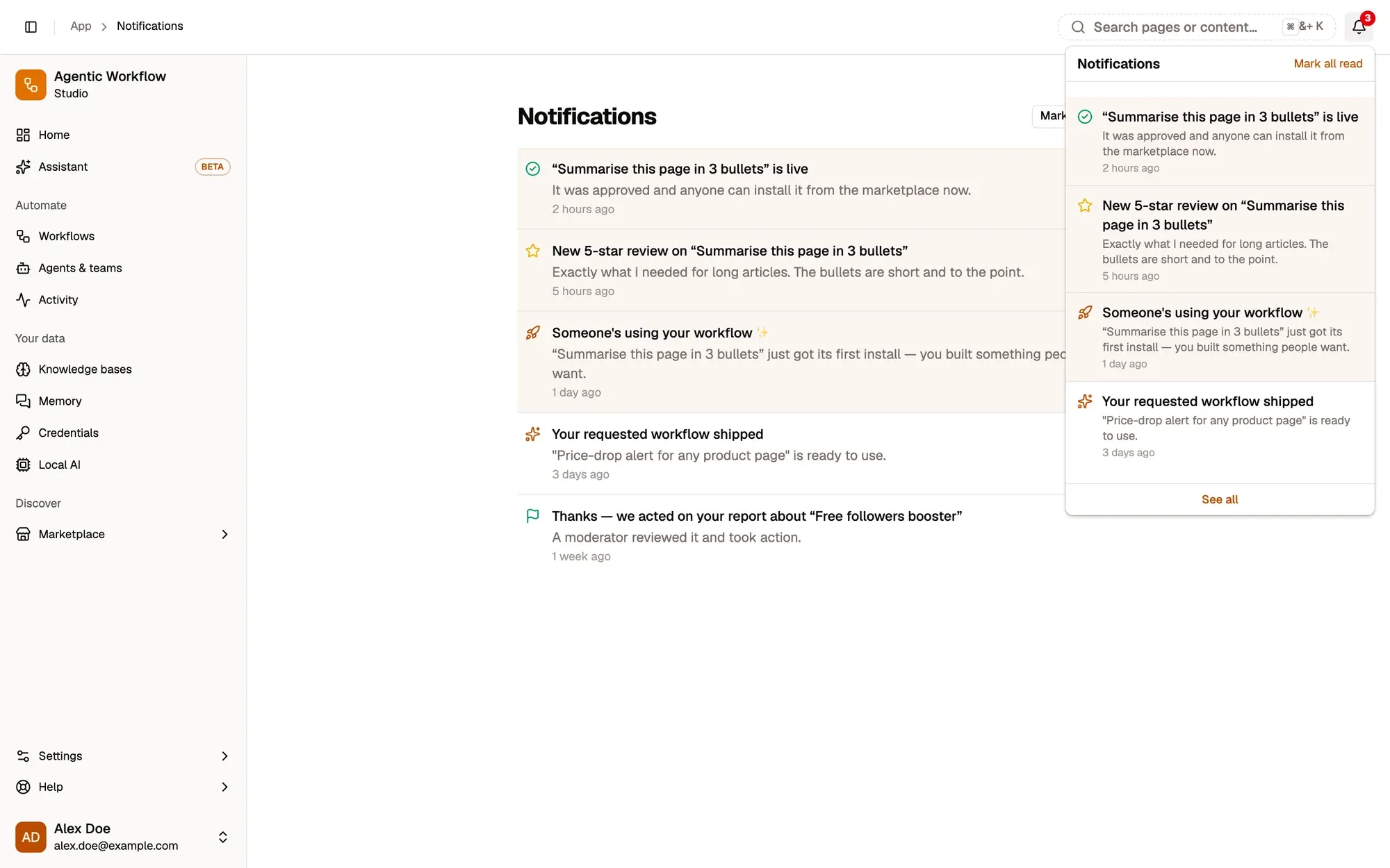 The Notifications page of a fictional signed-in account with the bell open at the top right: three unread notifications (a listing is live, a new 5-star review, someone is using the workflow) and two read ones (a requested workflow shipped, a report was acted on), with Mark all read and See all in the bell and Mark all read on the page.