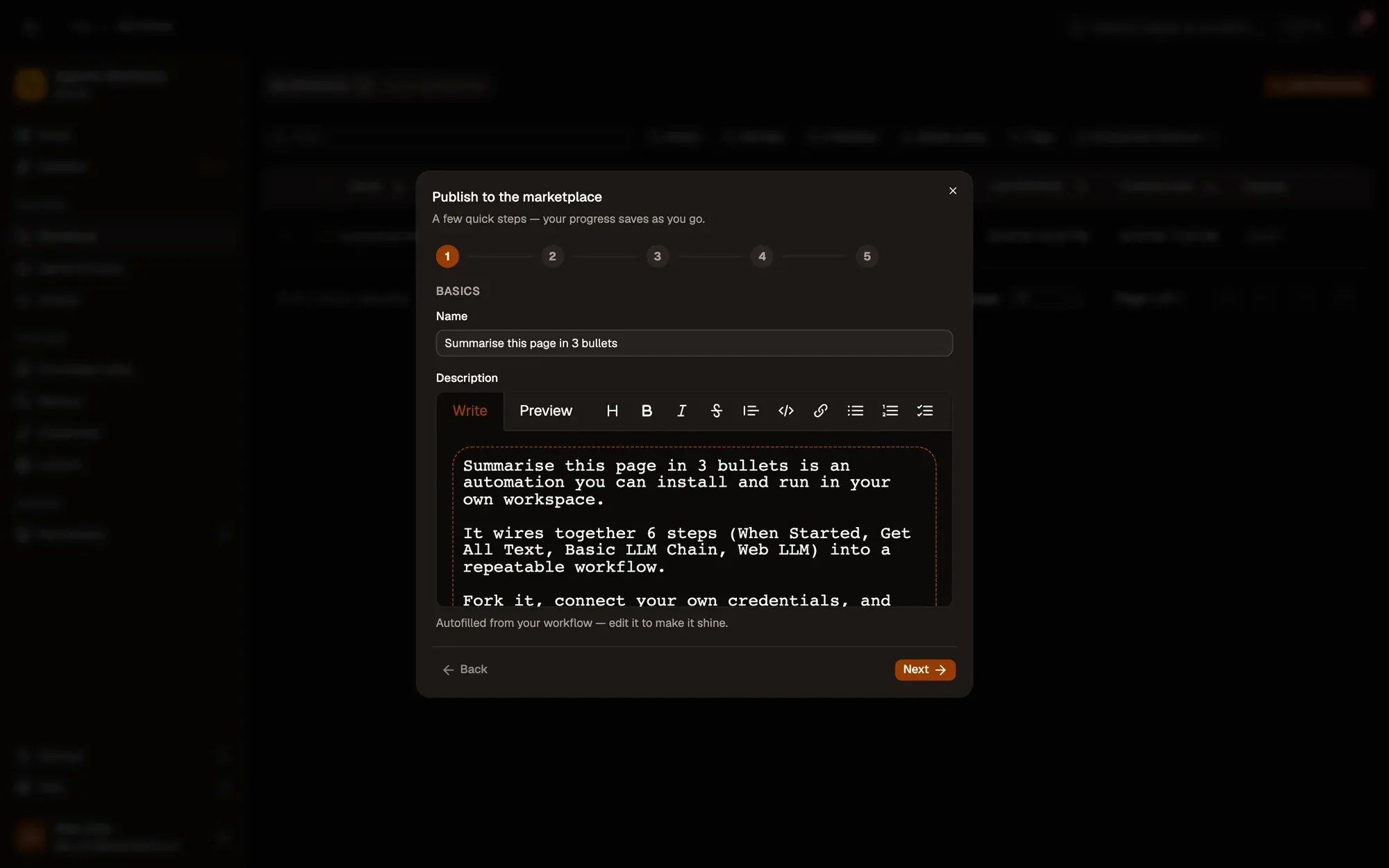 Step 2, close-up of the app: Description, autofilled from your workflow, outlined.