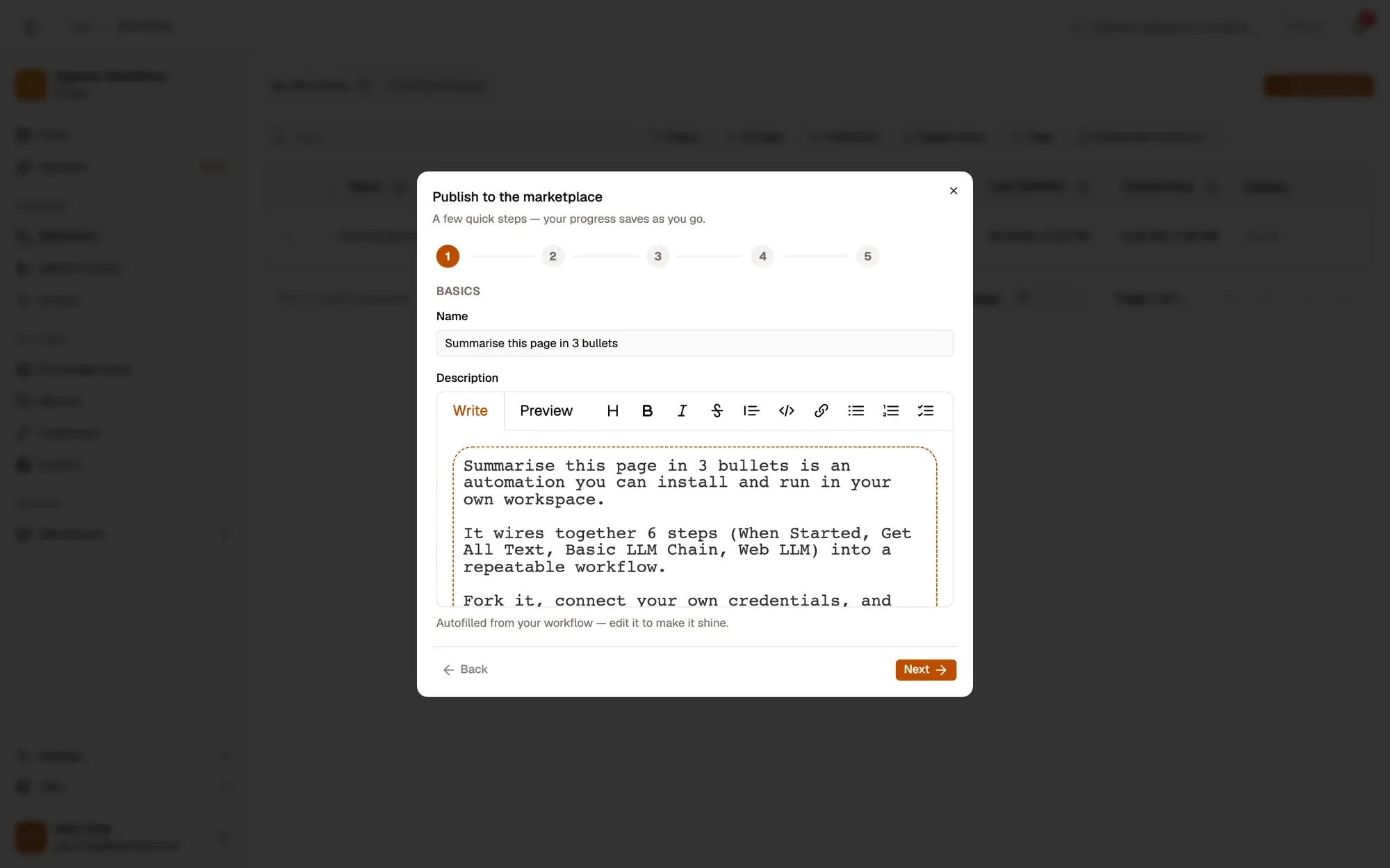 Step 2, close-up of the app: Description, autofilled from your workflow, outlined.