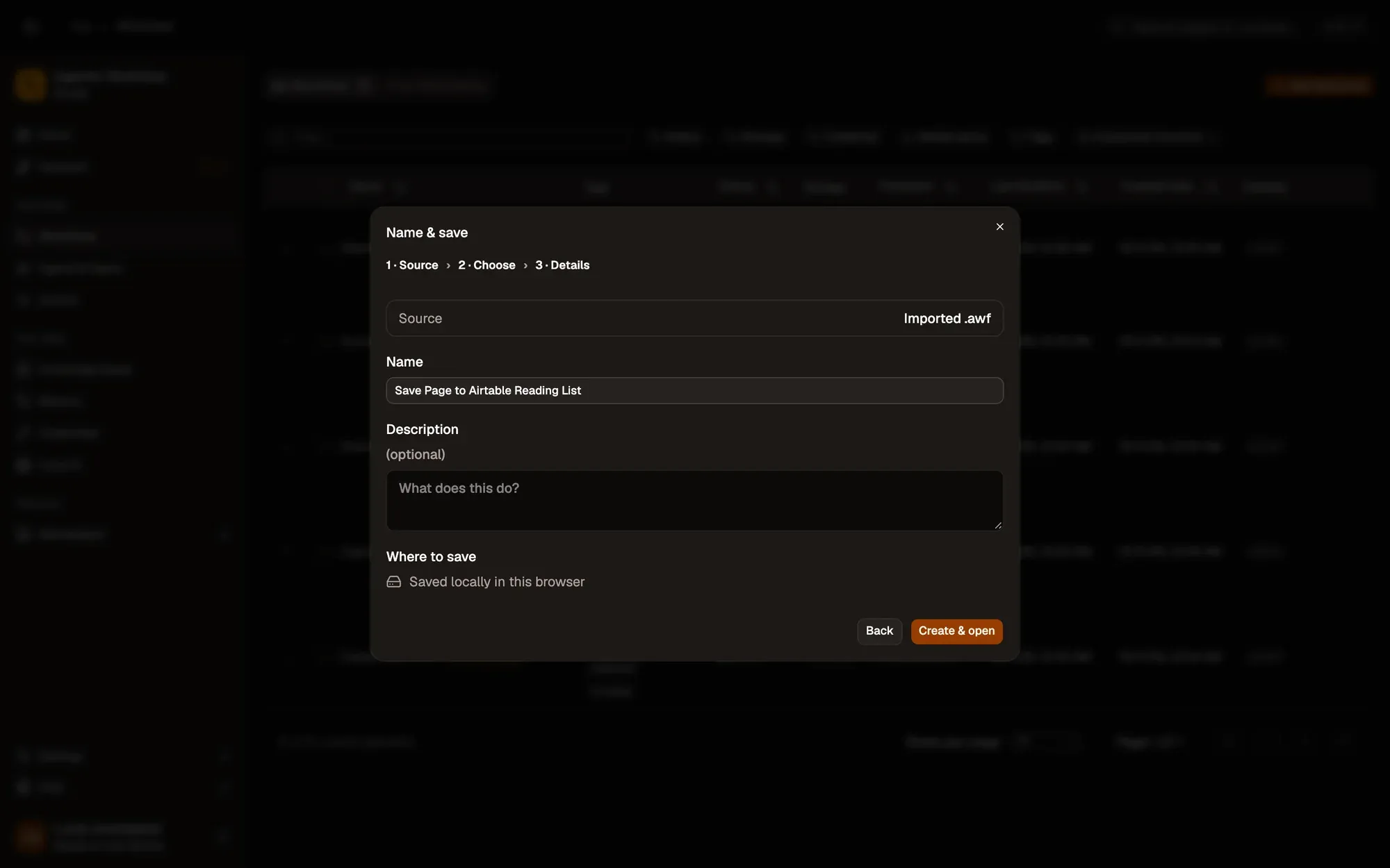 Step 1, close-up of the app: Create & open, outlined.