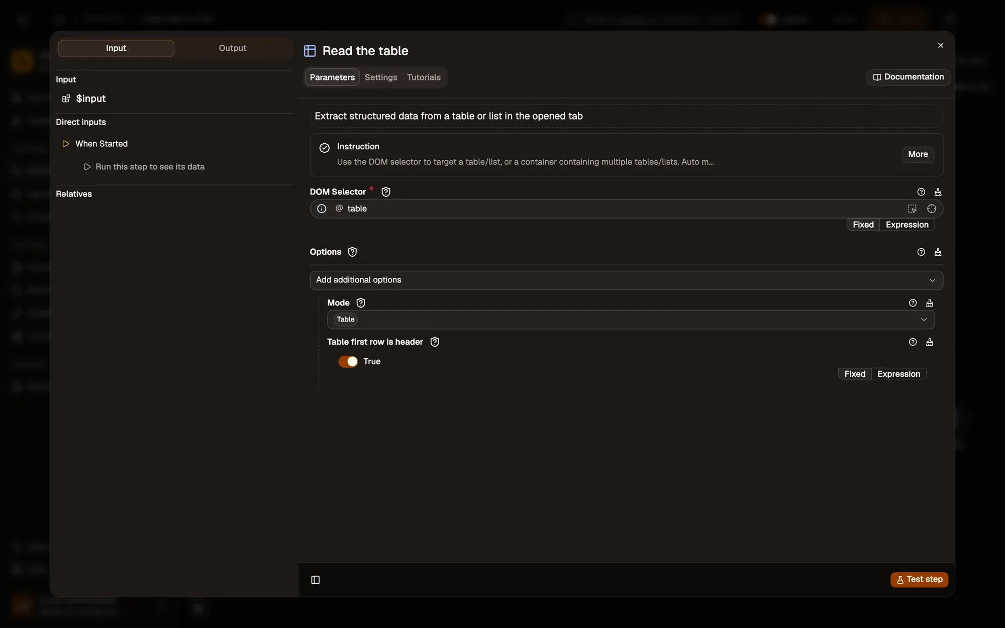 Step 2, close-up of the app: The DOM Selector field, outlined.