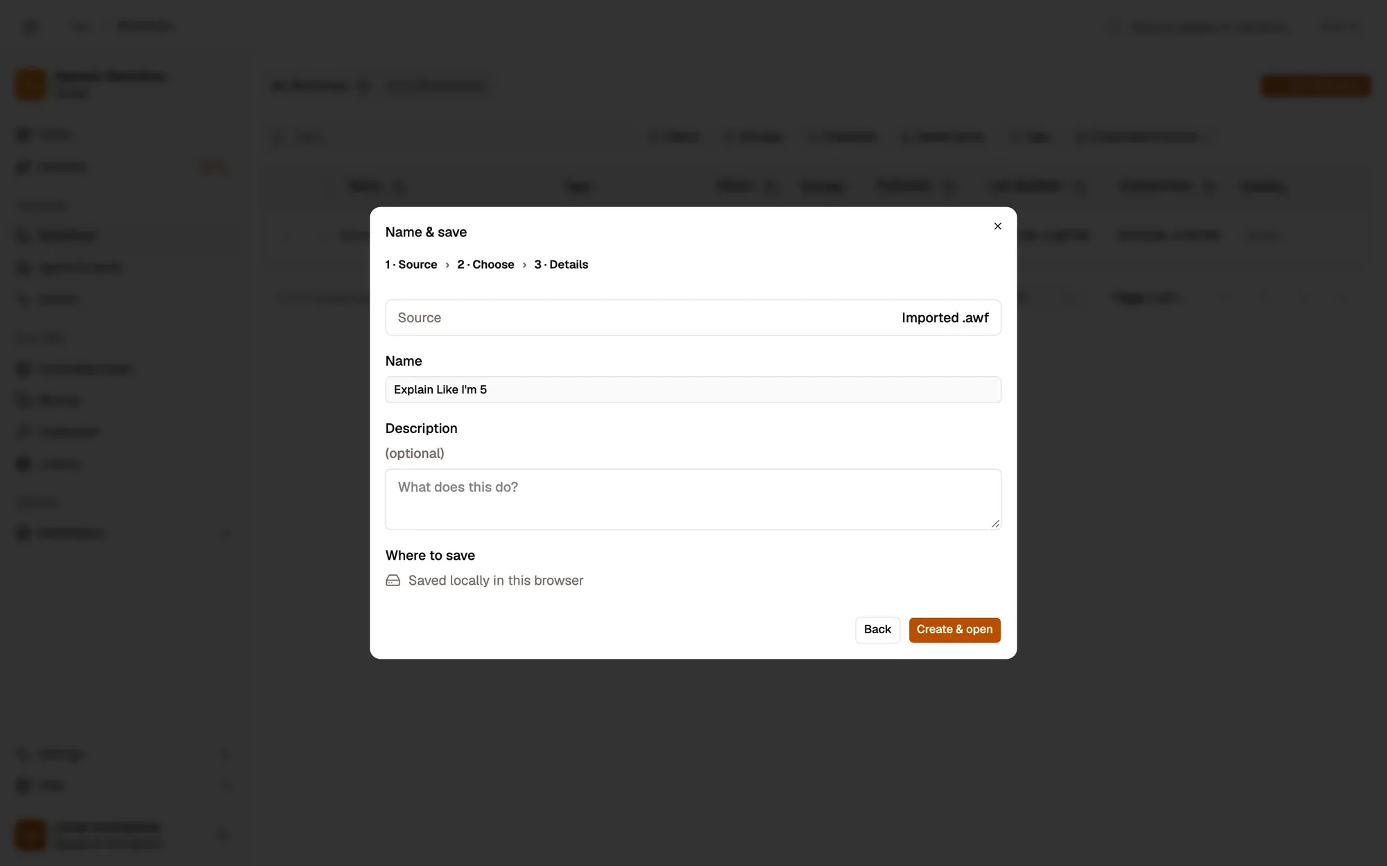 Step 1, close-up of the app: Create & open, outlined.