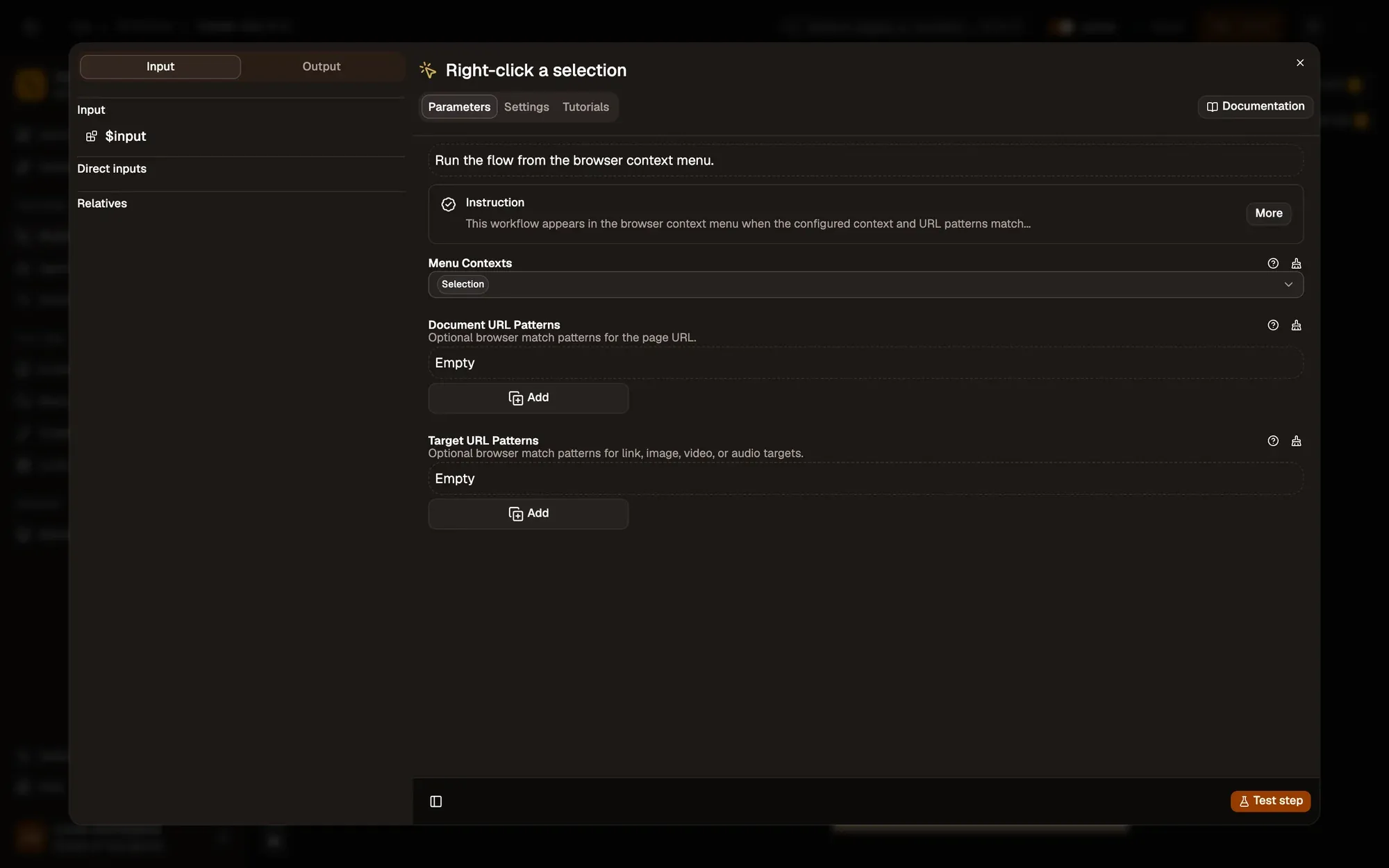 Step 1, close-up of the app: The Document URL Patterns field, outlined.