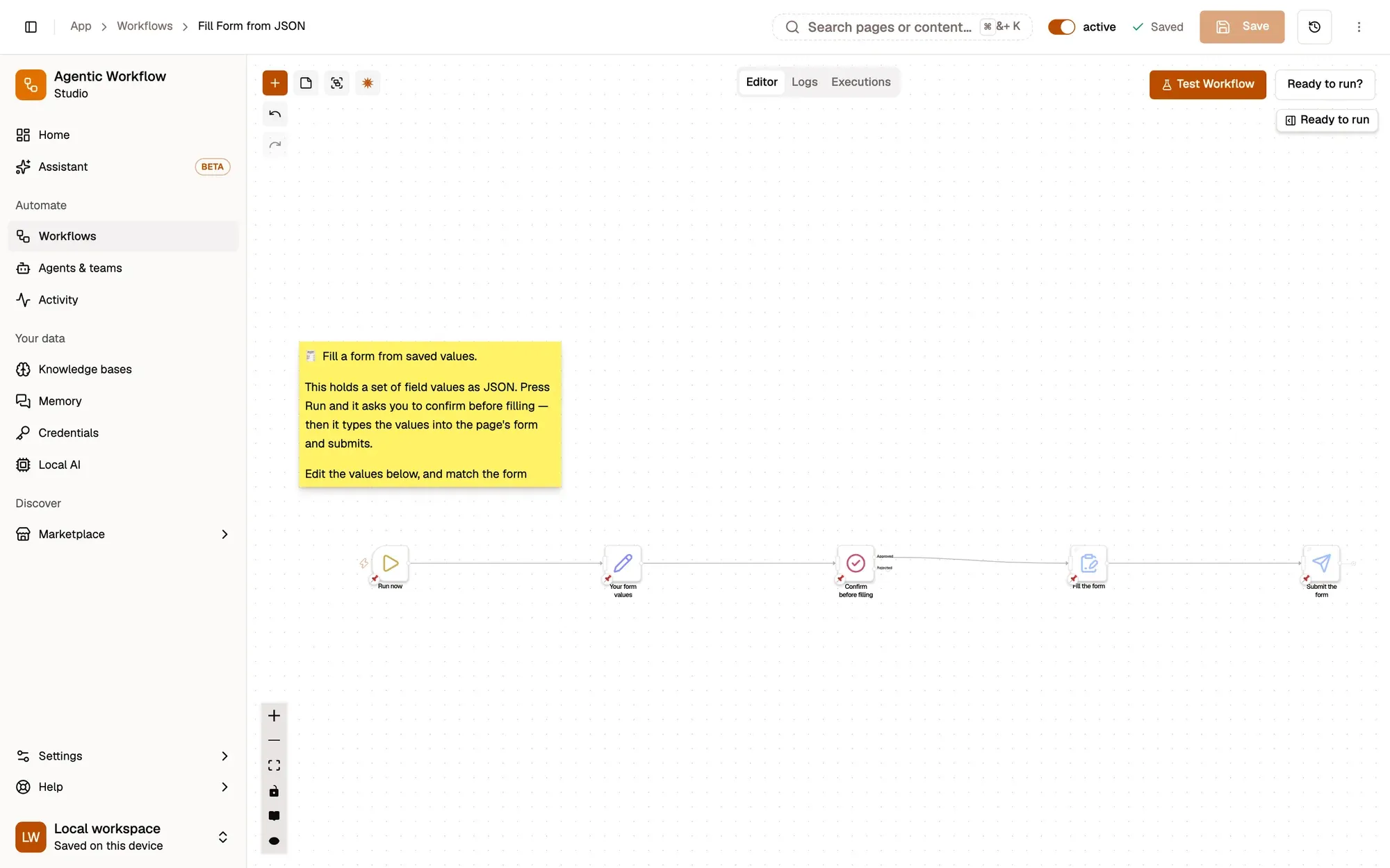 Step 1, close-up of the app: Run now (When Started), outlined.