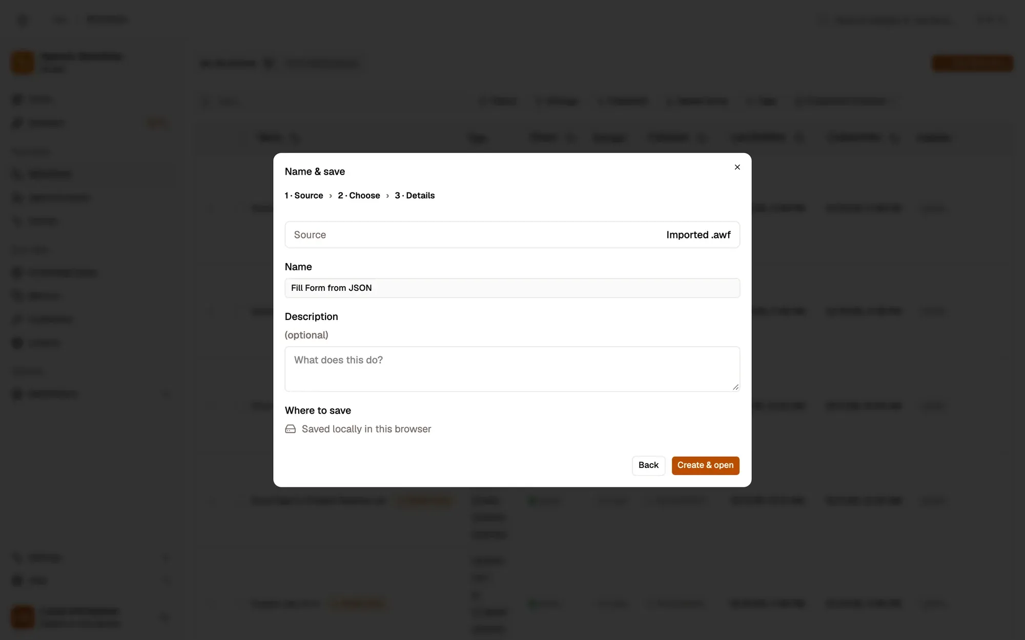 Step 1, close-up of the app: Create & open, outlined.