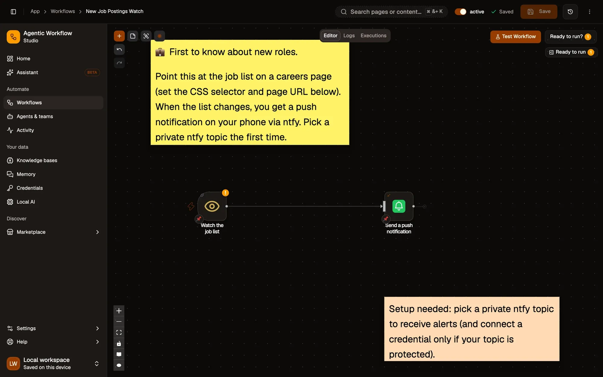 Step 3, close-up of the app: Workflow active switch, outlined.